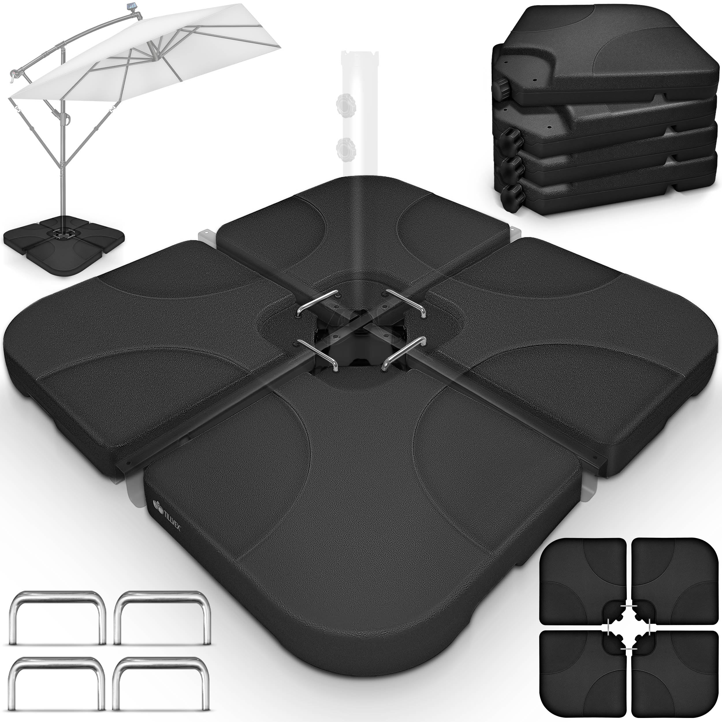 tillvex® Lestage & Dalles Carrées pour Parasol Déporté – Pied de Parasol 60 litres / 80 kg, 4 Pièces avec Connecteur Métallique | Base Remplissable avec Eau ou Sable | Support de Parasol (Noir)