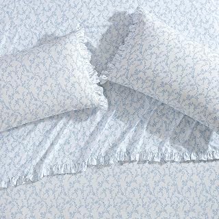 Laura Ashley Victoria Blue Floral Percale Cotton Standard Pillowcase Set, 2-Pack with Ruffled Hem