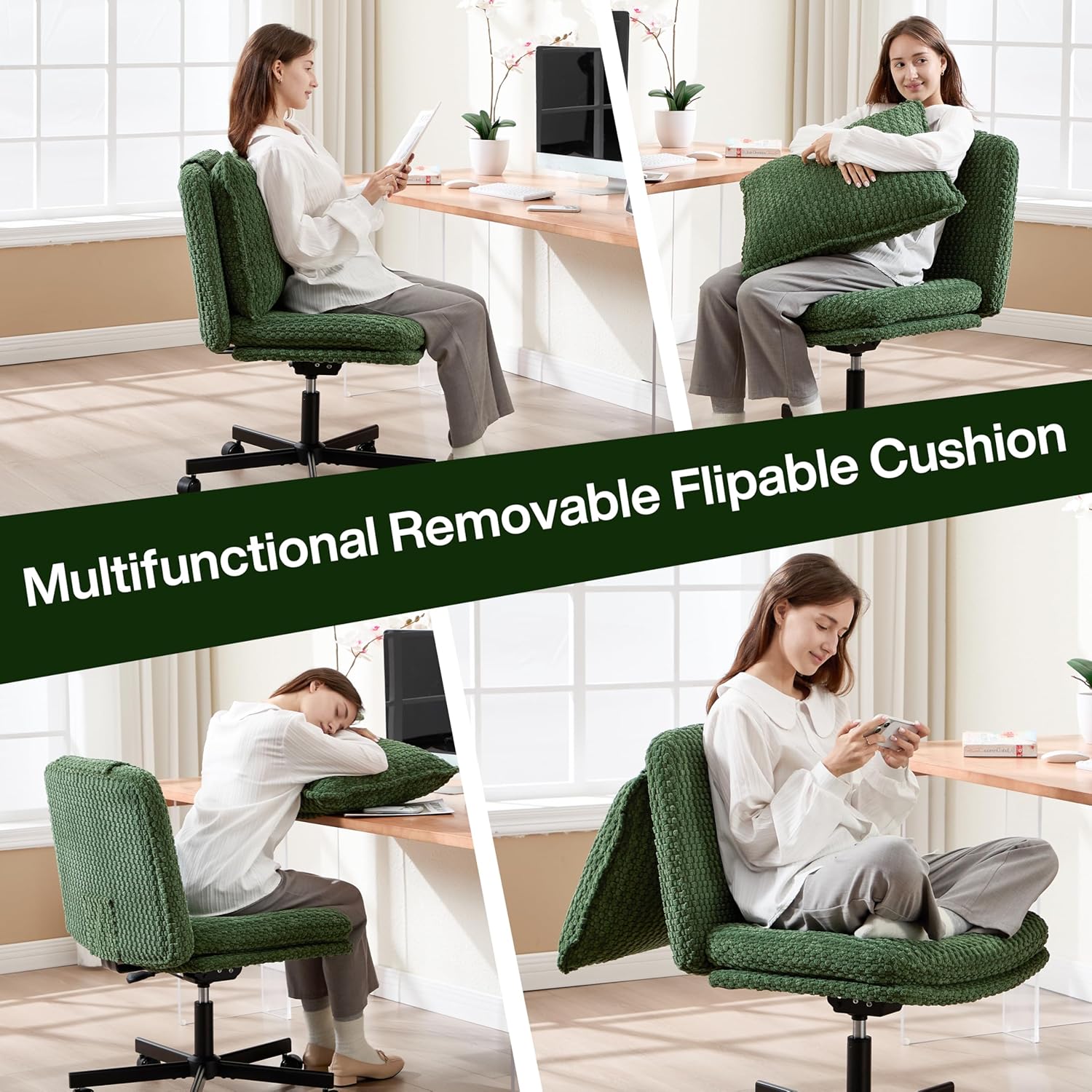 Fizzin Criss Cross Chair,Armless Cross Legged Chair with Wheels,Memory Foam Seat Office Desk Chair with Flipable Back Cushion,Mid Back Swivel Chair for Home Office,Bedroom Vanity (Green)