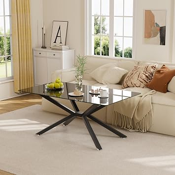 Rectangle Modern Coffee Table, Tempered Glass Top and Metal Tubular Leg for Living Room,39.37Lx23.62Wx16.93HBlack Top&Black Legs