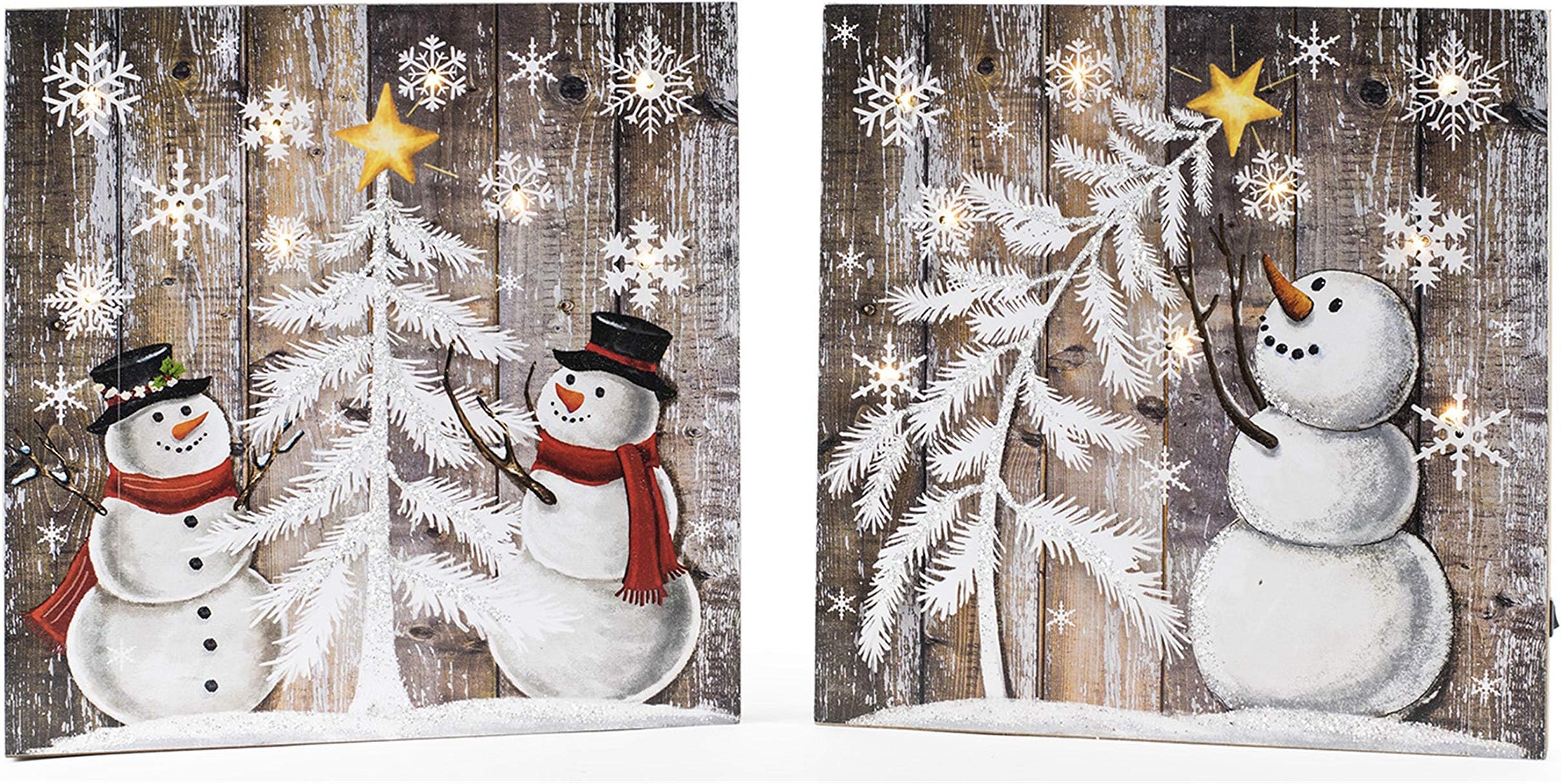 OSW LED Lighted Snowman with Trees Wooden Christmas Decor Wall Art Hanging or Tabletop Display - Set of 2 Battery-Operated Light-Up Holiday Decoration Plaques OSW187400
