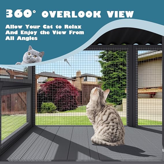 Cat Catio, Cat Window Box for Multiple Indoor Cats, Catio Pet Perch with Metal Mesh Locking Side Door, Wooden Enclosure Window All Weather Use 360 Enjoying Outdoors (Gray, Large)