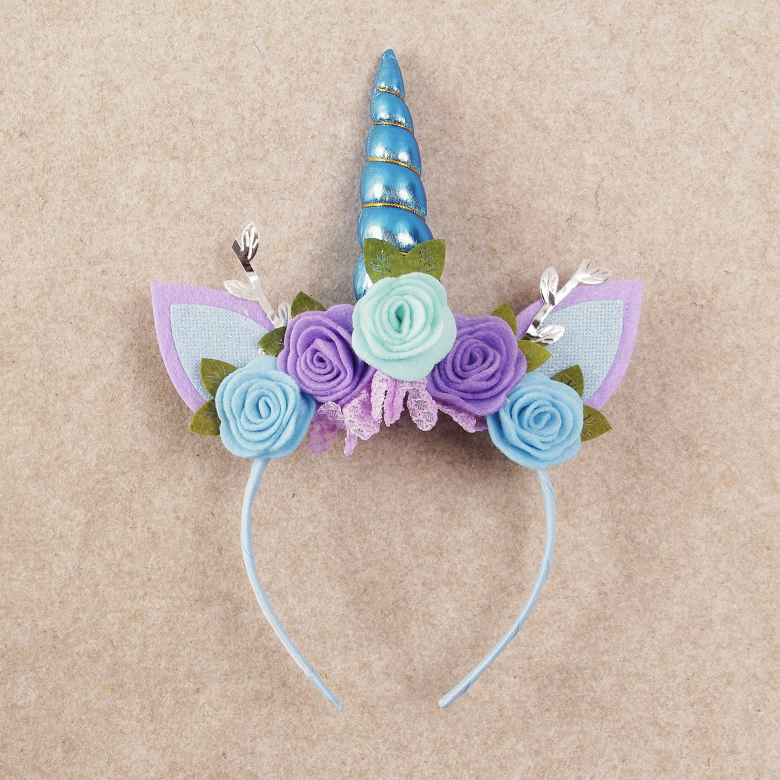 Nishine Unicorn Headband Nonwoven Flowers Cat Ears Pony Head Bands Tiara Glitter Horn for Cosplay Unicorn Party Supplies (Blue) - Image 2