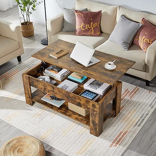 Miniatura 2 de Topeakmart Mesa auxiliar elevable con compartimento oculto y estante de almacenamiento, mesa de comedor ajustable para sala de estar, marrón Marrón