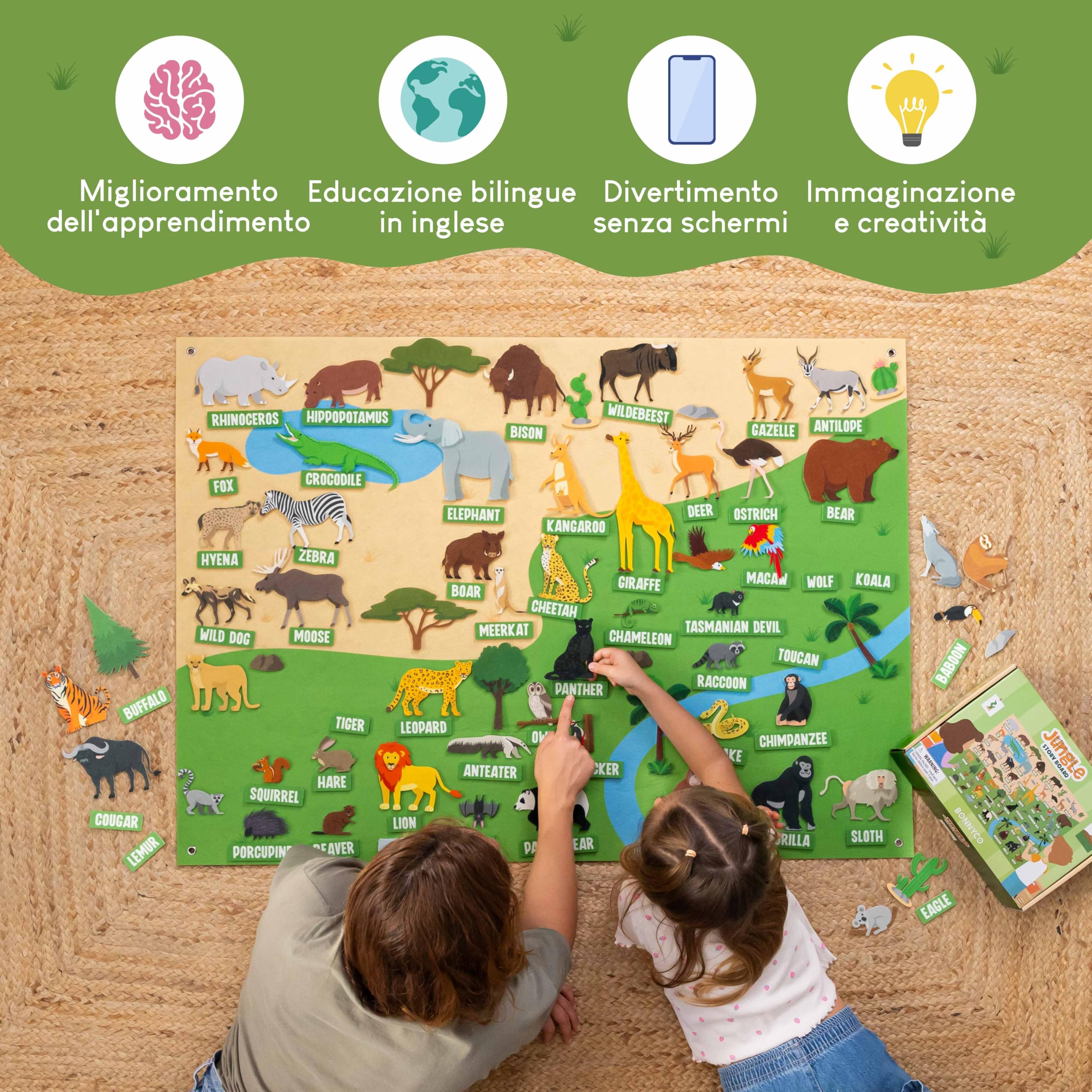 BONNYCO Lavagna di Feltro con 116 Figure di Animali della Giungla. Giochi Montessori e Regalo Compleanno Bambini dai 3-8 Anni. Pannello Sensoriale per Autismo, Giocattoli Educativi