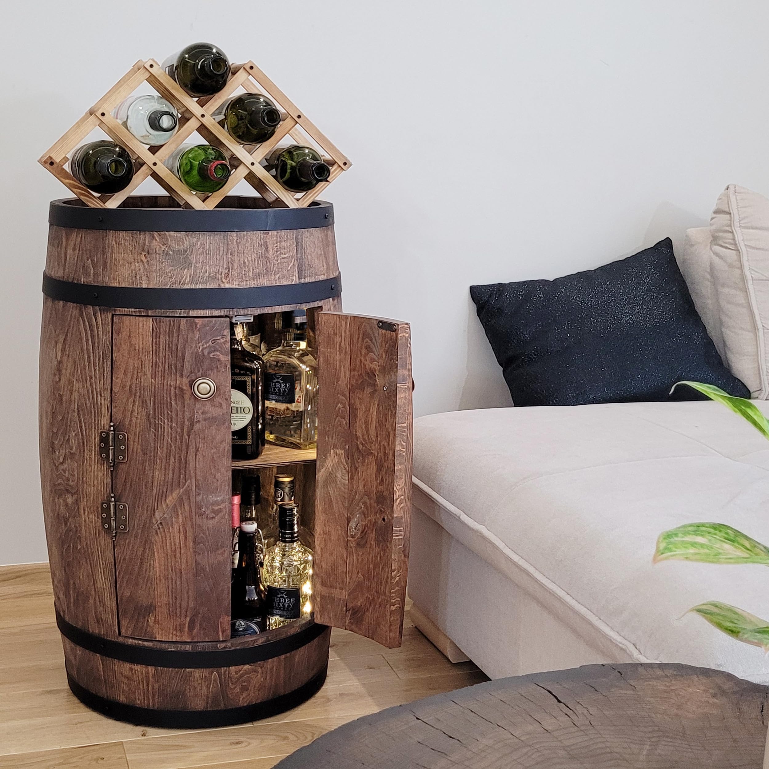 WEECO Barile In Legno con porta e portabottiglie LED, Portabottiglie per vino, Decorazione rustica per bar, portabottiglie, Botte per Vino, Scaffale Botte legno, Barile rum Birra 80x50cm (wengé scuro)