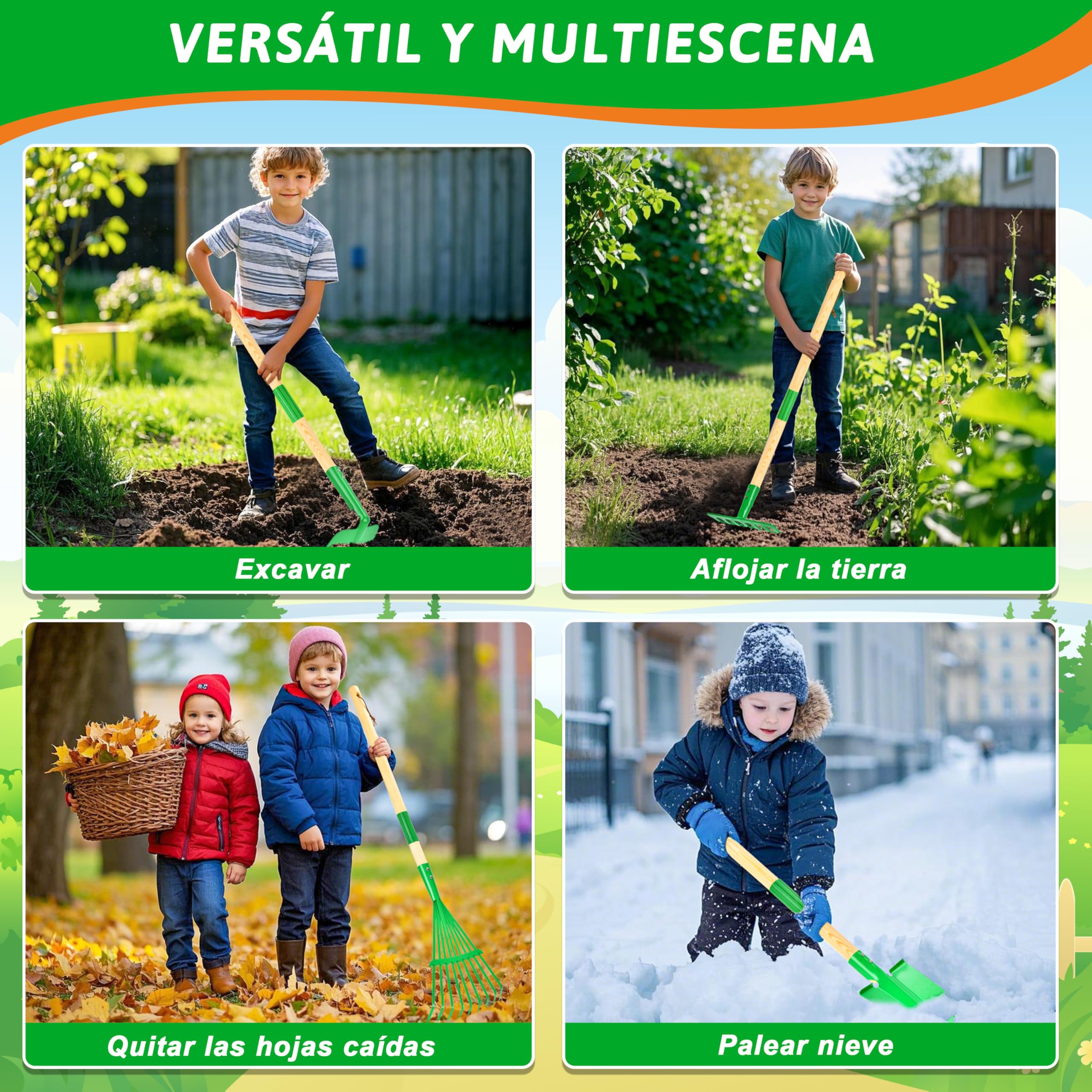 IEEILULU Juego de herramientas de jardín para niños, herramientas de jardín para niños, de madera, 7 piezas, juguete de jardín extraíble con delantal regadera, juguete de jardín al aire libre para