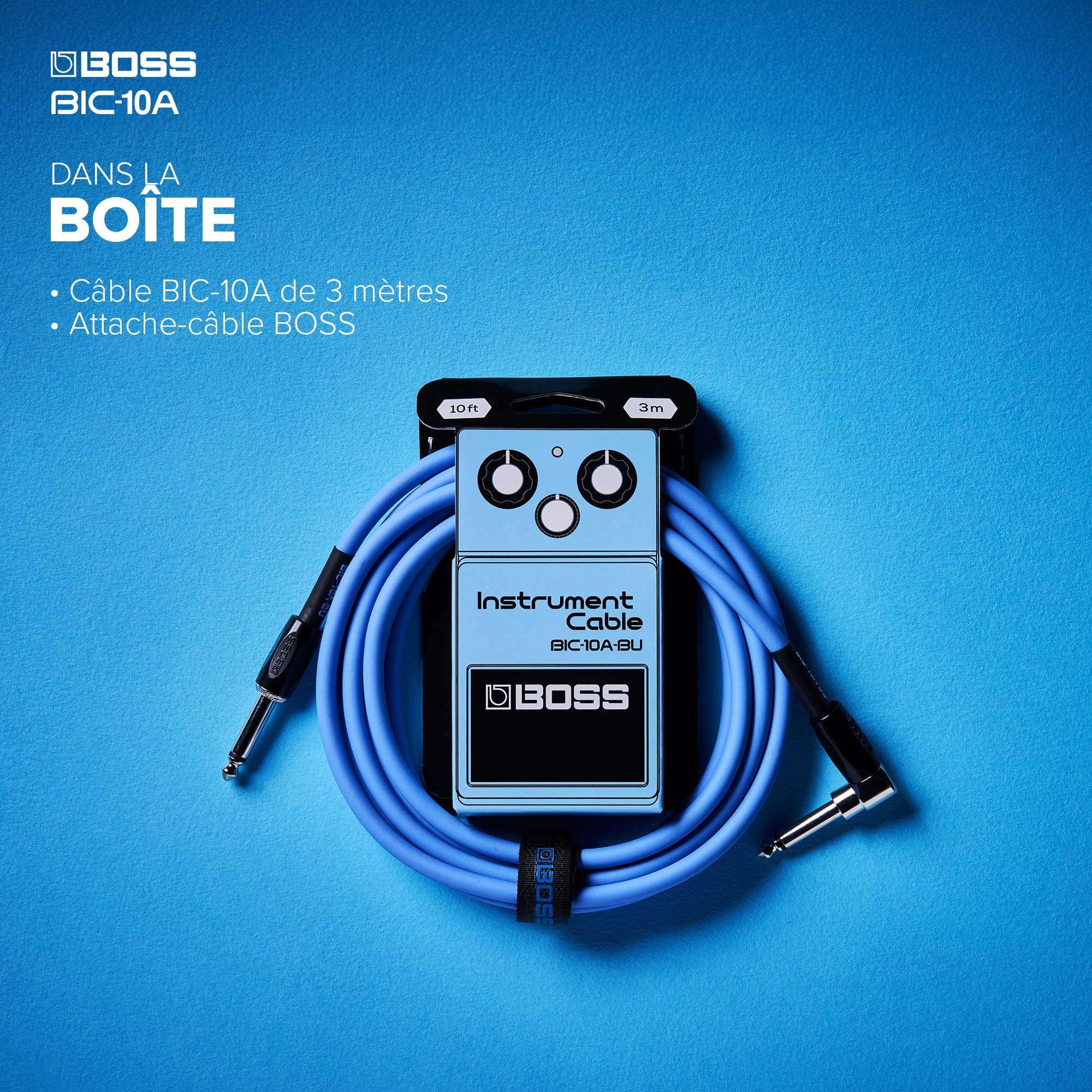 BOSS Gamme BIC-10A Câbles d'instrument | Connecteurs jack 1/4 de pouce droit vers coudé | Longueur 3 m | Câbles de haute qualité pour guitare, basse et autres | Silencieux et robustes | Bleu