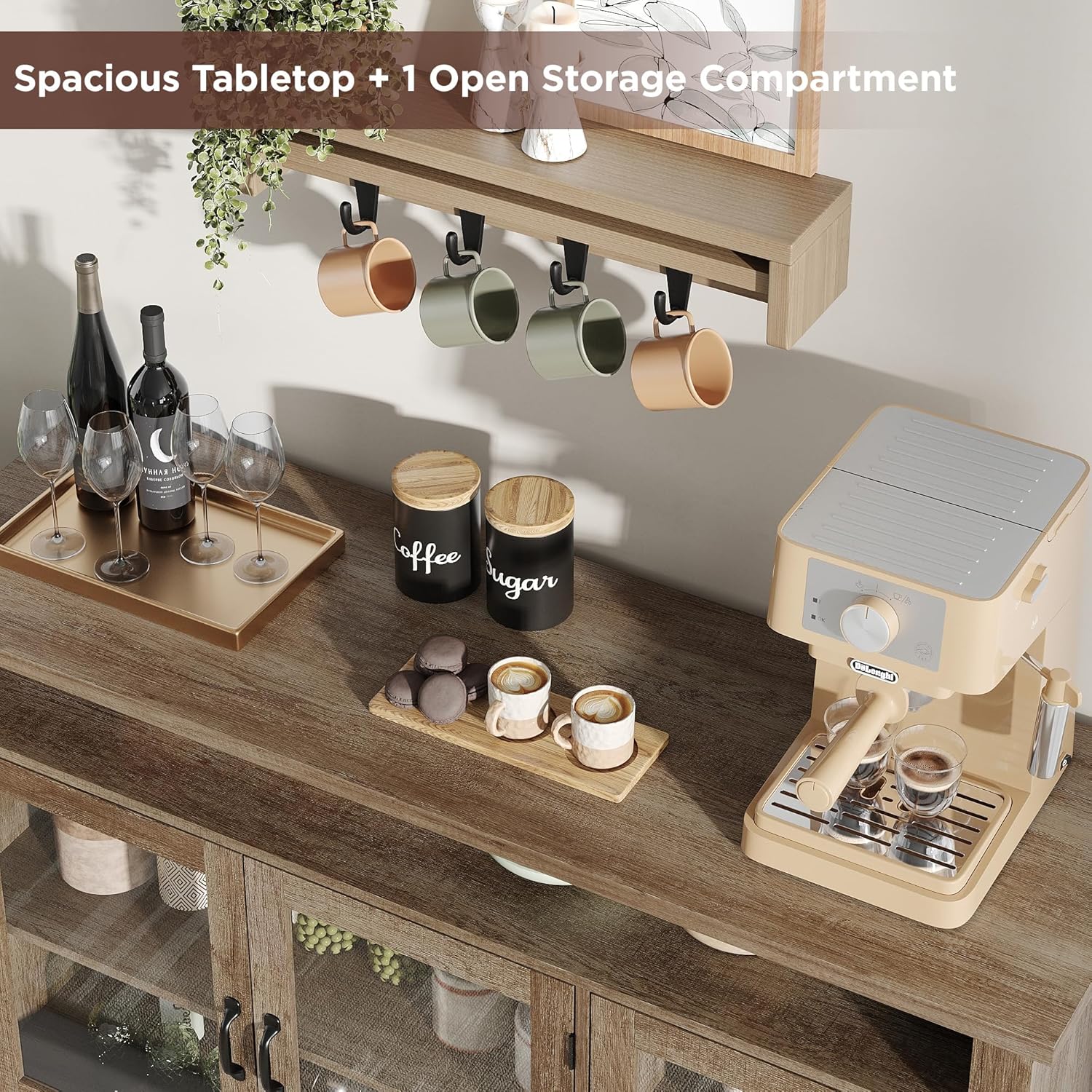 55.5" Glass Door Buffet Cabinet with Storage, Modern Farmhouse Sideboard Credenza Kitchen Storage Display Cabinet with Adjustable Shelves, Wood Coffee Bar Console Table for Dining Room, Living Room