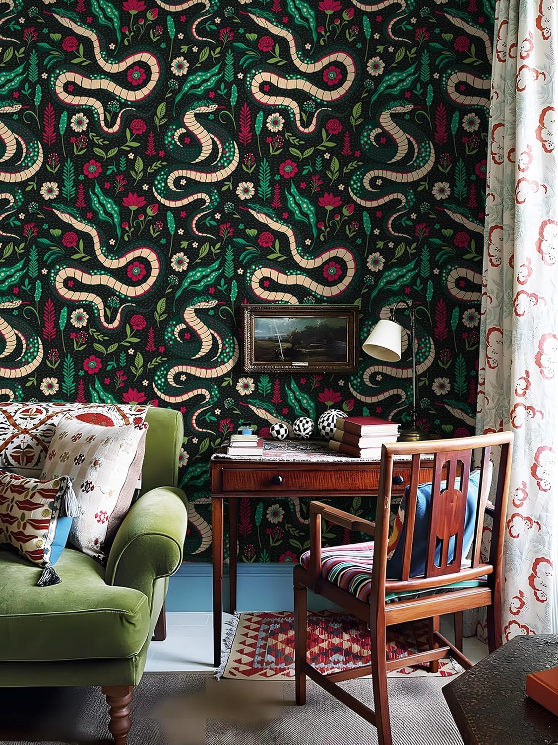 Floralplus Peel and Stick Wallpaper Jungle Snake Wallpaper Vintage Floral Removable Renter Friendly Wallpapers for Bedroom Tropical Animal Stick On Contact Paper for Countertop 17.5 x 118 in