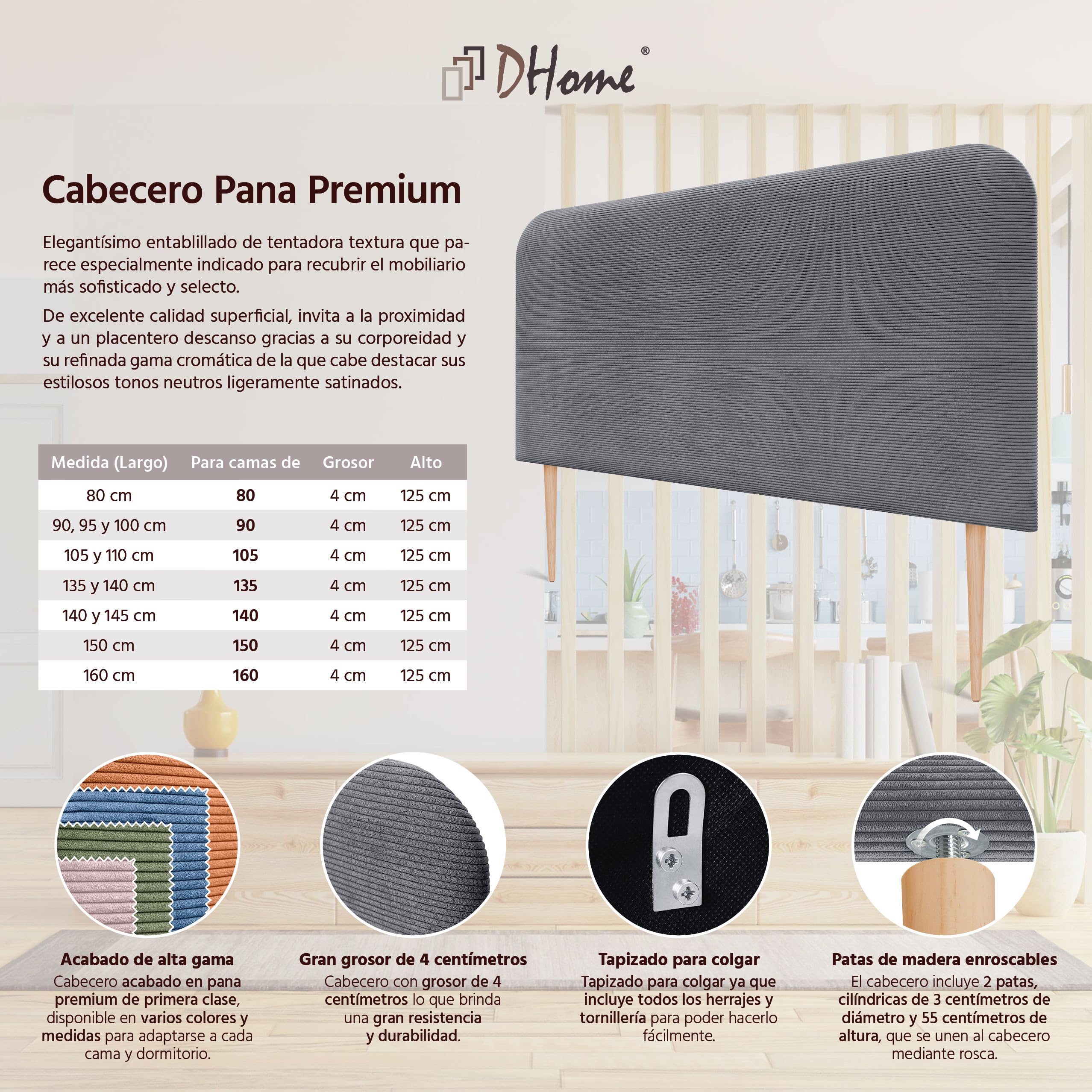 DHOME Tête de Lit Rembourrée Lisse et Courbée 70cm en Velours Côtelé Premium avec Pieds pour Mur Acoustiques Absorbantes Tête de Lit pour Chambre (Gris Foncé, 140cm)