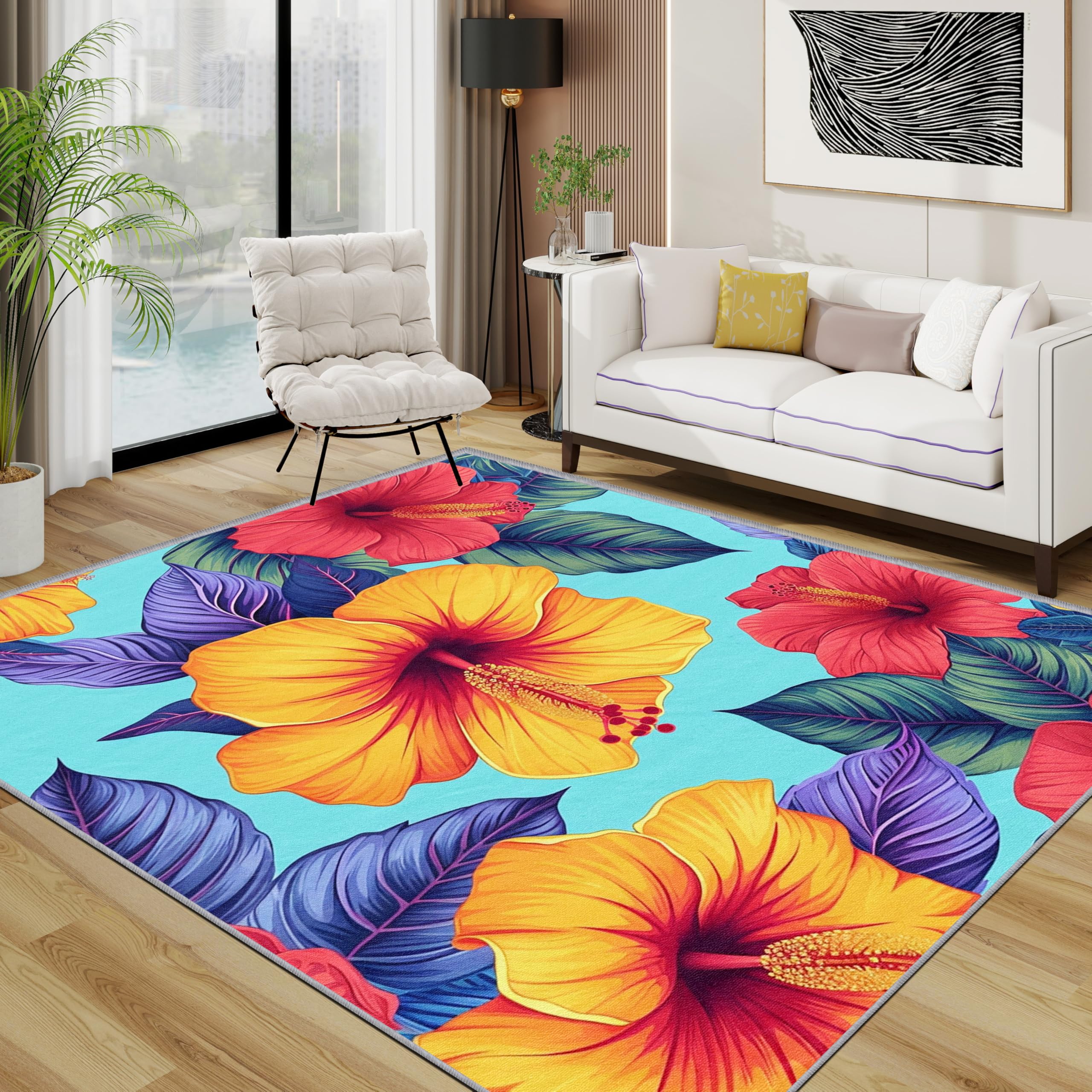 Tropical Rugs Living Room Large 200x300 - Colourful Hibiscus Floral Bedroom Rug, Bright Colour Flower Botanical Washable Non Slip Low Pile Carpet, Tropical Home Decor