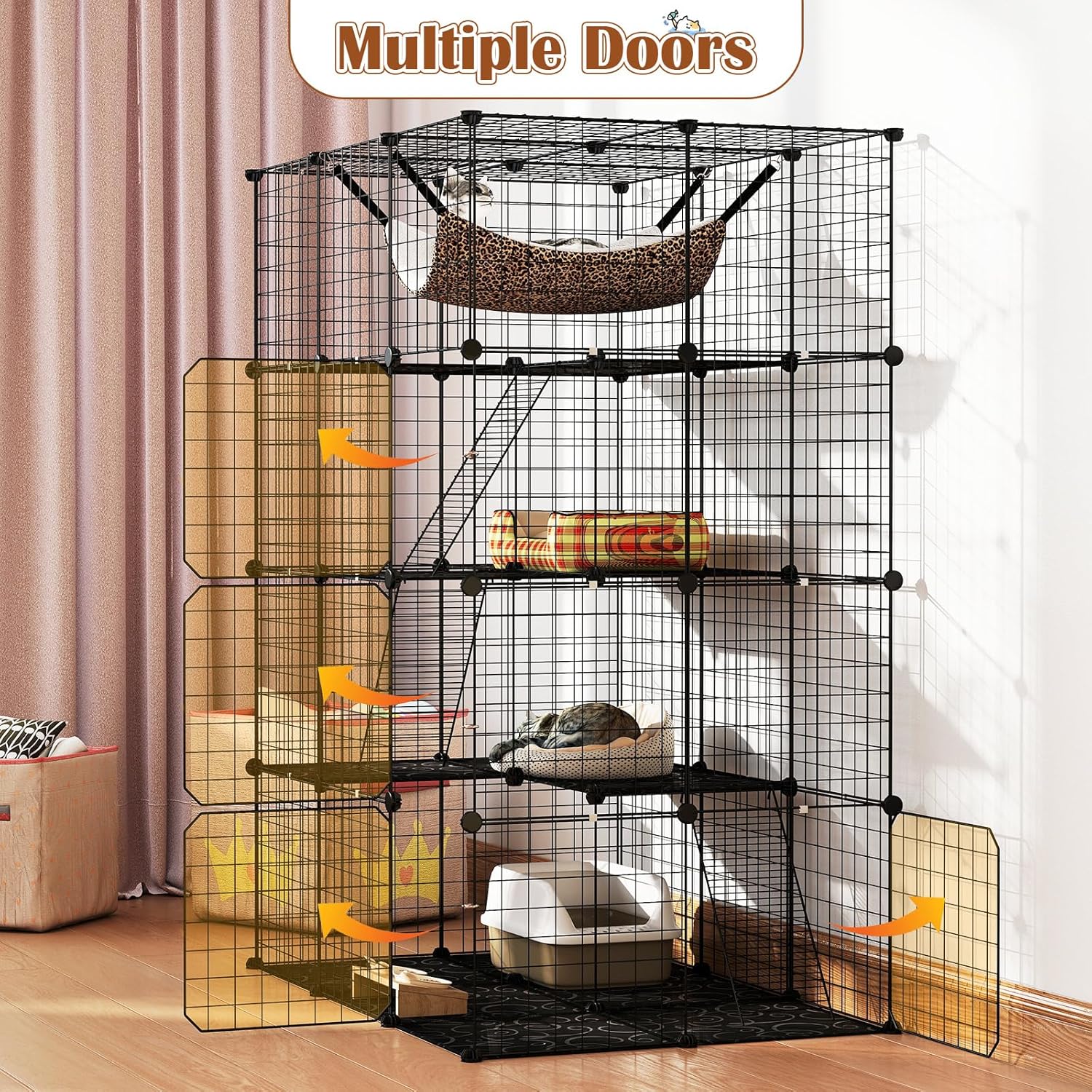 Tangkula Cat Cages Indoor, 56" Large 4-Tier Cat Enclosure with Skylight, Hammock, 3 Ladders, Detachable Metal Wire Kennel with 4 Lockable Doors, DIY Cat Crate & Pet Playpen Catio for 1-4 Cats