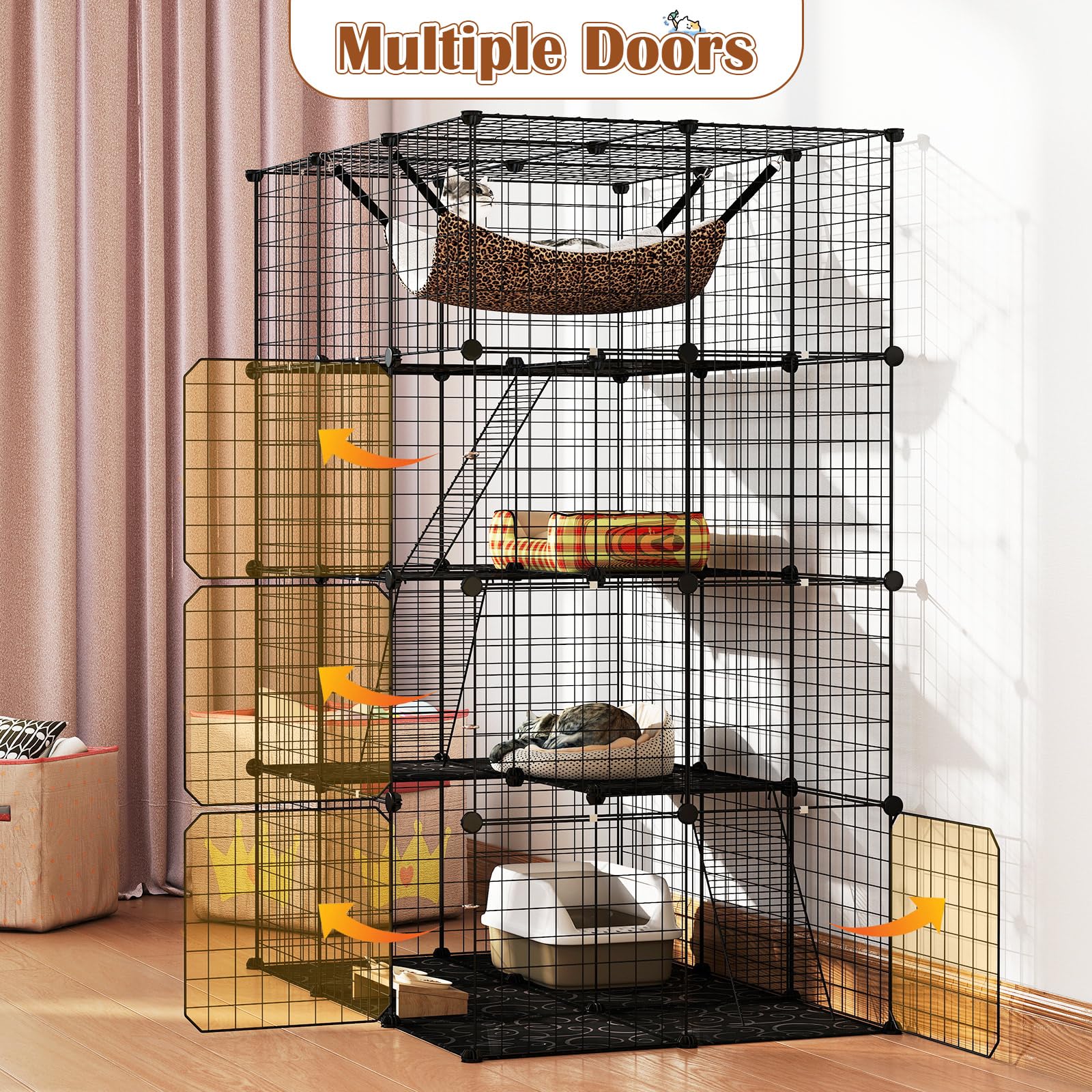 GOPLUS Cage pour Chat Chien, 4 Niveaux avec Hamac, Échelle, Fenêtre de Ciel, Grand Enclos pour Chats en Métal, Noir (109,5x74x142cm)