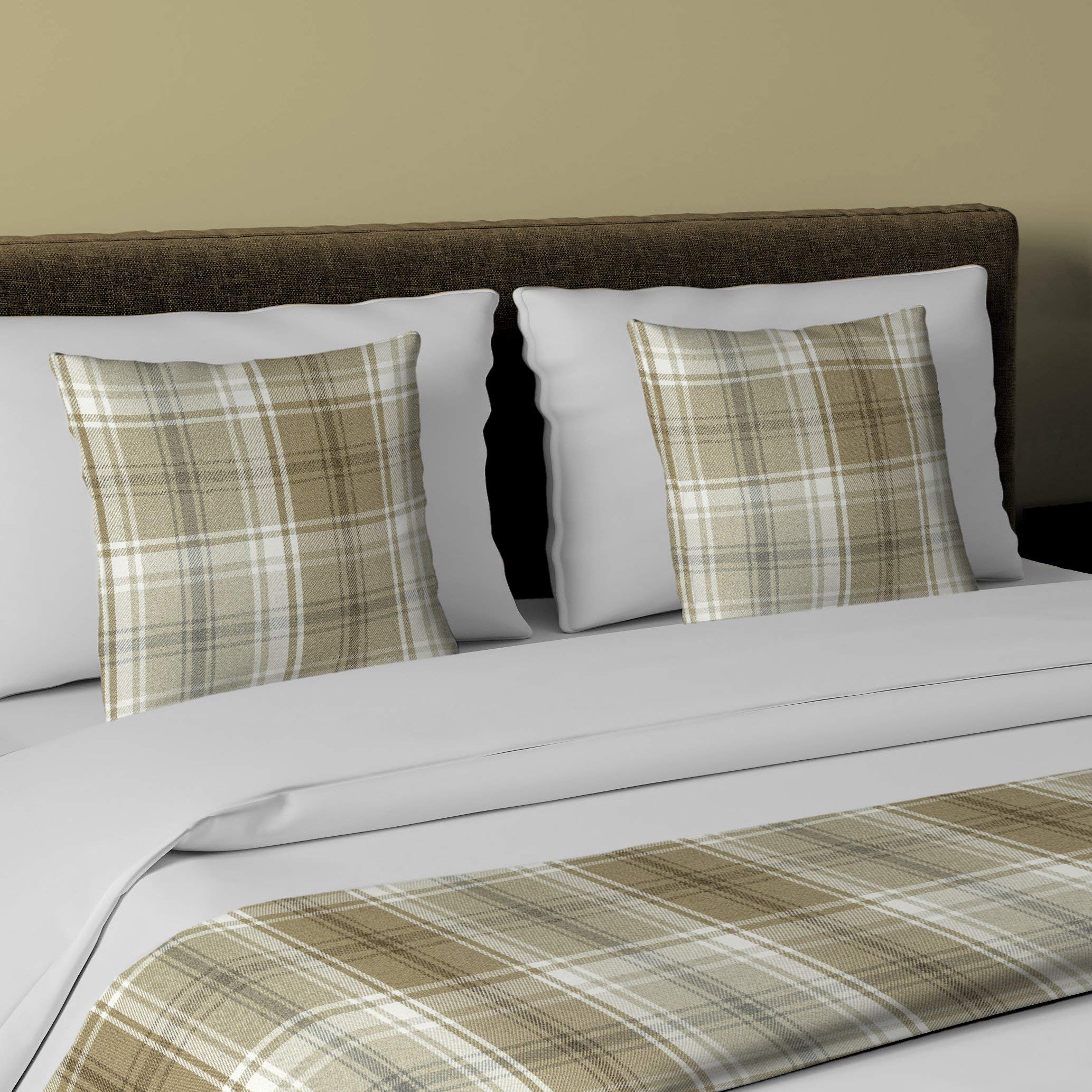 McAlister TextilesQuality Tartan Bedding Set of 2 Cushion Covers and Throw - 5 Colour Choices For Your Bedroom - Beige 130x200cm Angus Range