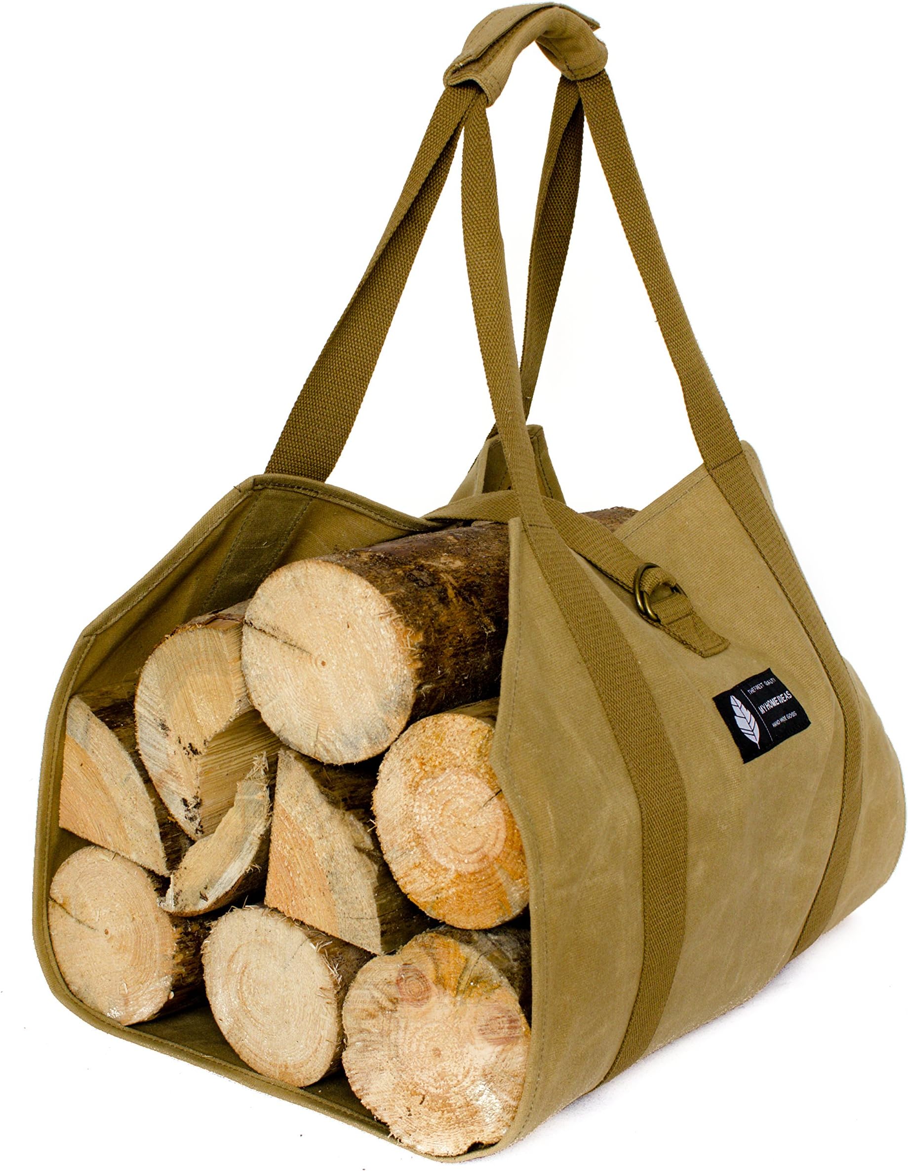 MYHOMEIDEAS Waxed Canvas Firewood Log Carrier Universal 16oz Canvas Tote Bag Rack Holder with Padded Strap Easy Grip and Strap Belt Dust-Proof Waterproof Large Size Heavy for Fireplace Handmade
