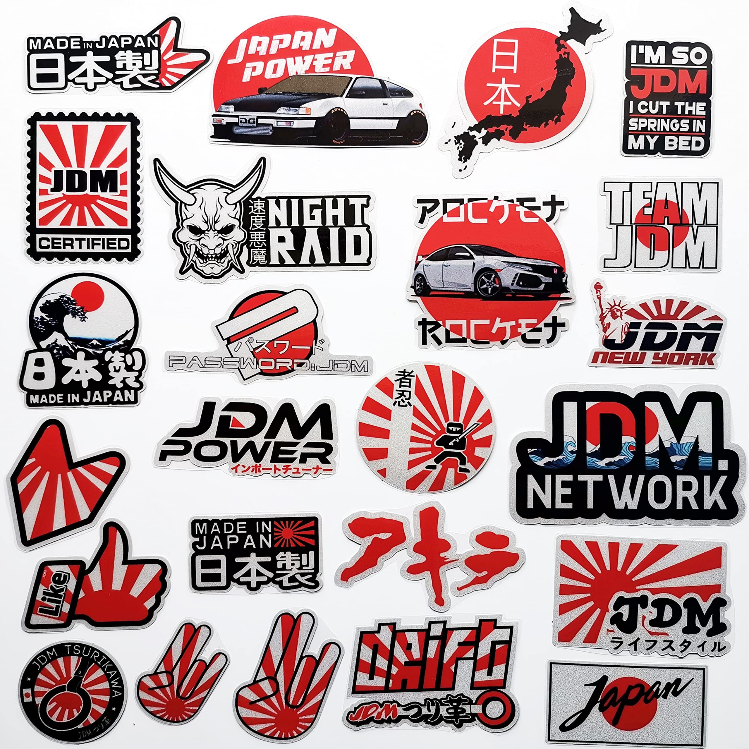 HiroKun 46Pcs Funny JDM Car Stickers Japan Flag Rising Sun Rear Window Stickers Japanese Kanji Graphics Motorcycle Helmet Decals