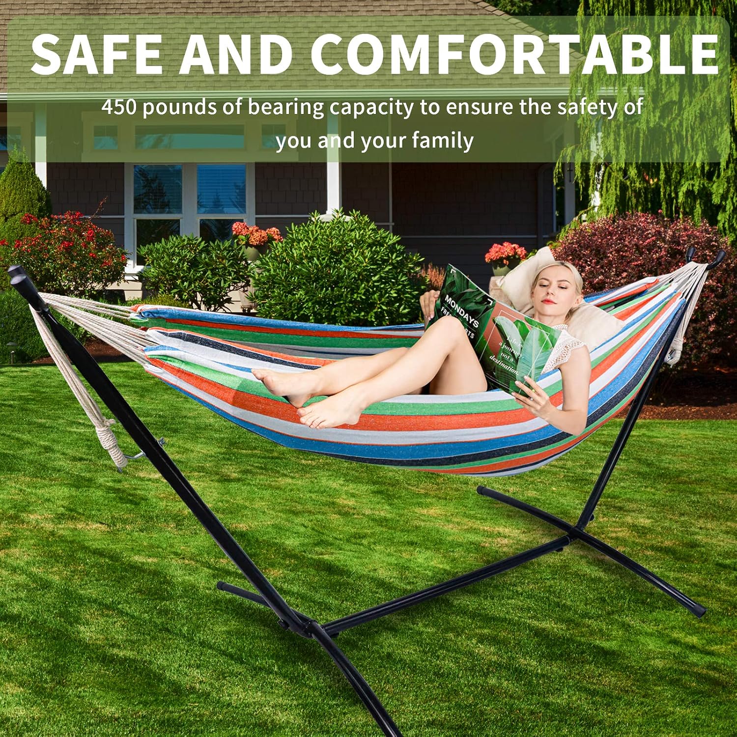 Kanchimi Hammock with Stand,Max Load 450lbs,Portable Double Hammock for para Patio,Indoor Outdoor Hammock with Stand 2 Person Heavy Duty,Premium Carrying Case Included（Blue Orange）