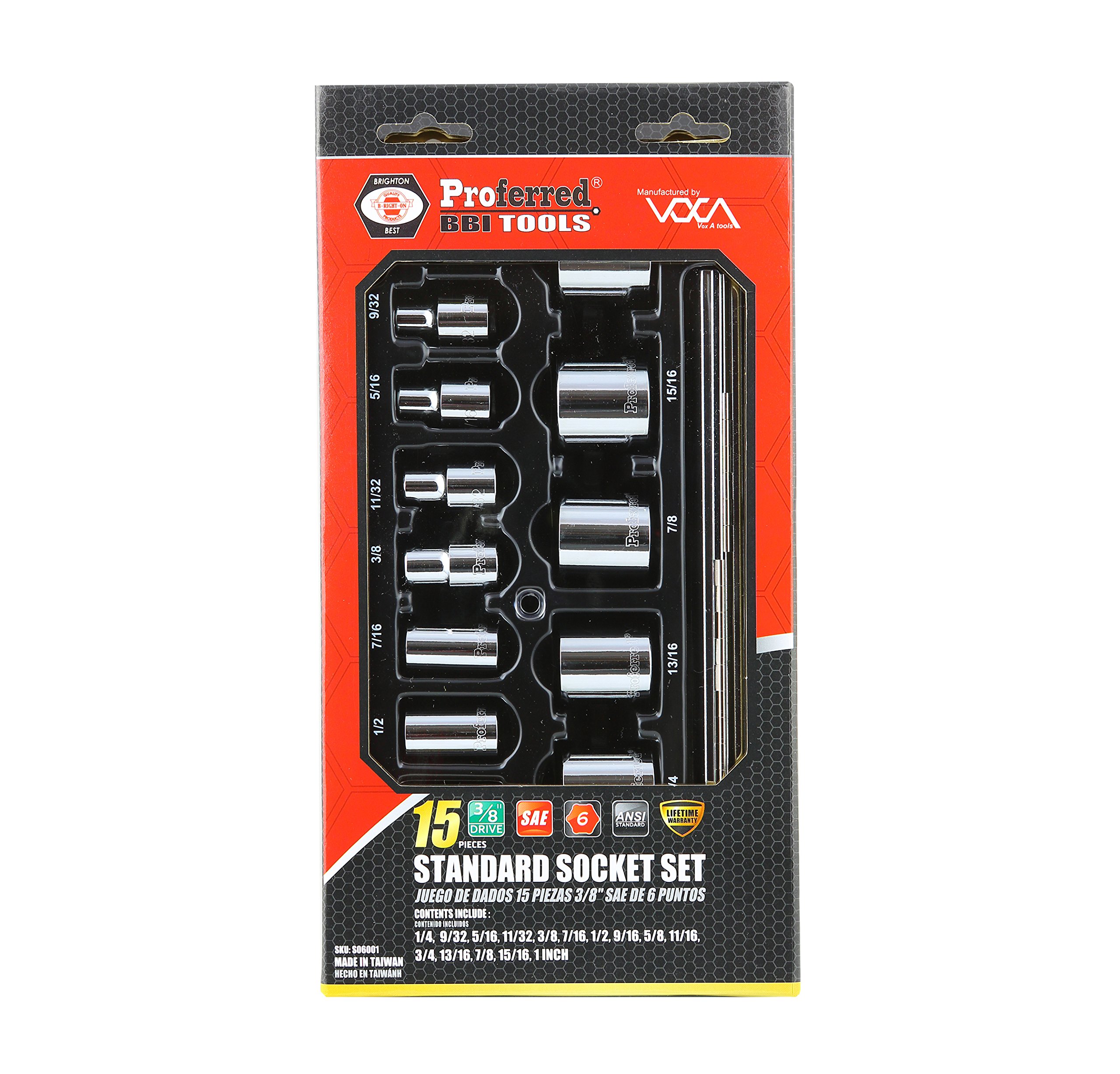Coffret de douilles SAE 3/8 Proferred S06001 robuste à 6 pans avec finition haute résistance