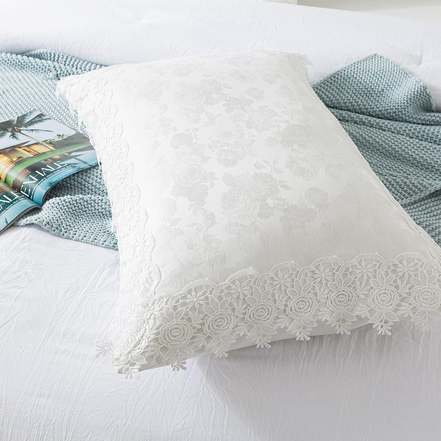 2 Pack White Pillow Shams Rose Embroidery Lace Jacquard Pillowcases with Ruffles Shabby Vintage Pillow Covers Queen Size 20"X26"