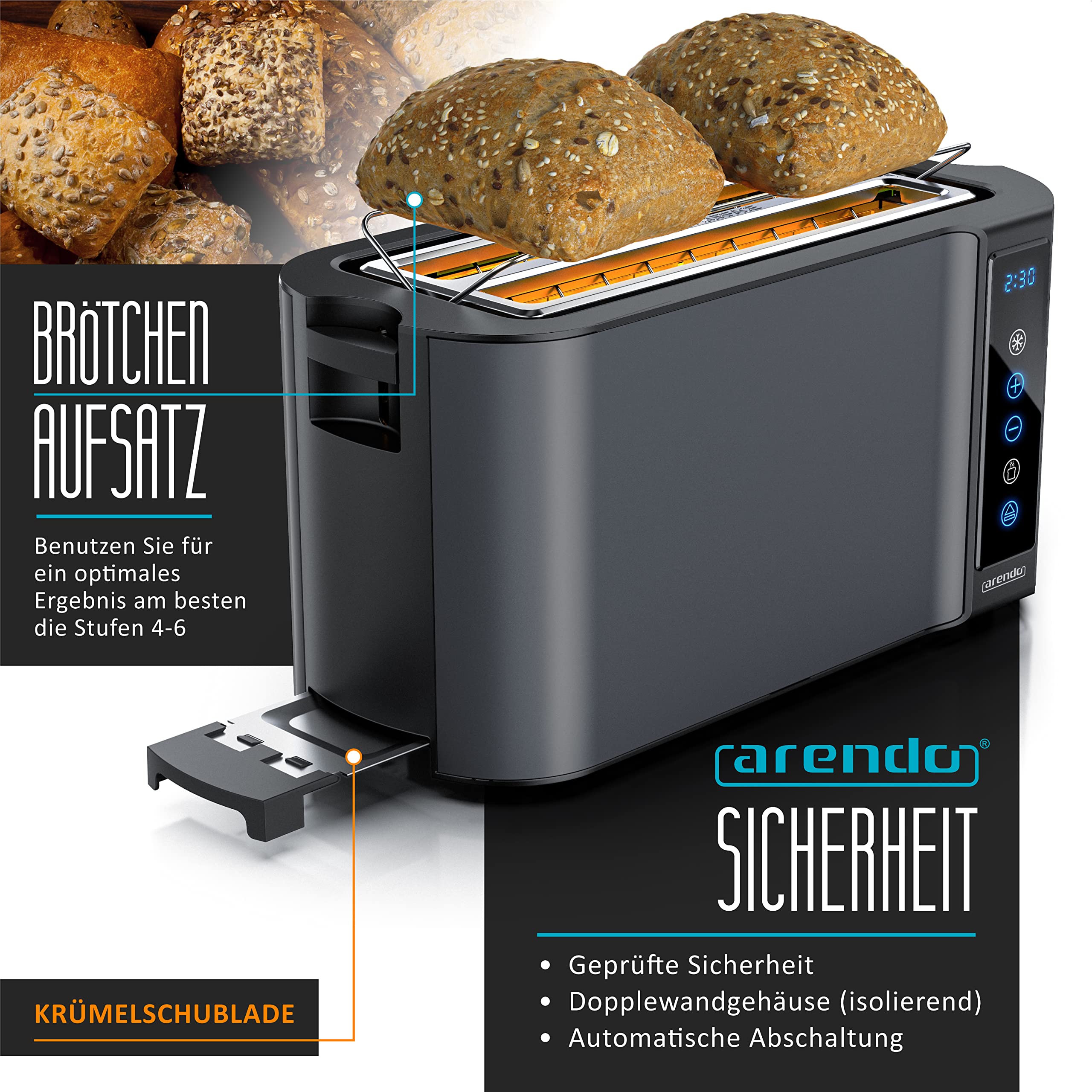 Arendo - Edelstahl Toaster Langschlitz 4 Scheiben- Touchscreen – Doppelwandgehäuse – 1500 W – Integrierter Brötchenaufsatz – 7 Bräunungsgrade – Brotzentrierung – Restzeitanzeige – Memoryfunktion