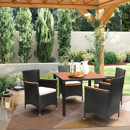 Miniatura 2 de Flamaker Juego de comedor de 5 piezas para patio, mesa y sillas de madera de acacia al aire libre con cojines suaves, muebles de patio de mimbre