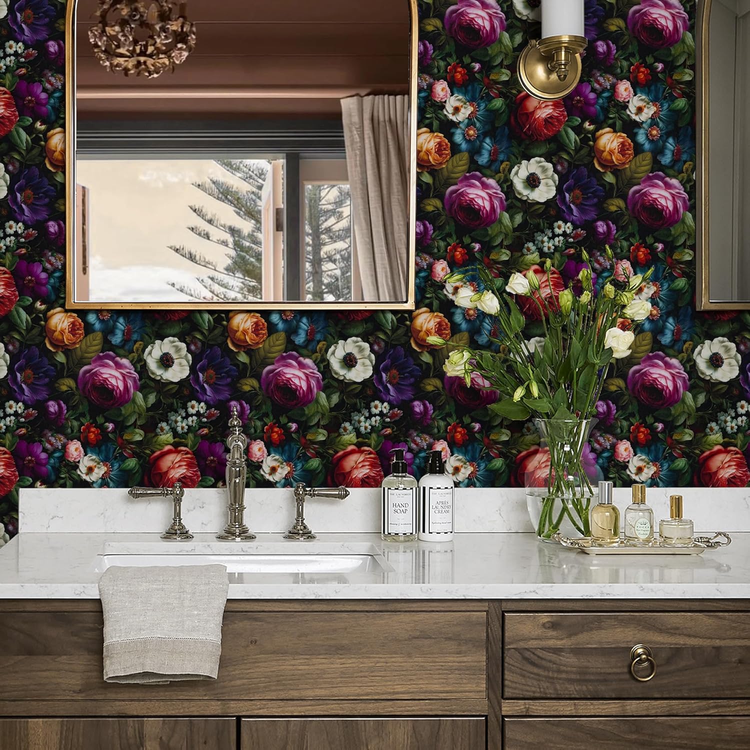 Black Floral Peel and Stick Wallpaper - Dark Flower Boho Contact Paper for Bathroom and Kitchen Backsplash - Vintage Thicken Self Adhesive Removable Vinyl Wrap Paper Room Walls Decor 17.7" X 393.7 "