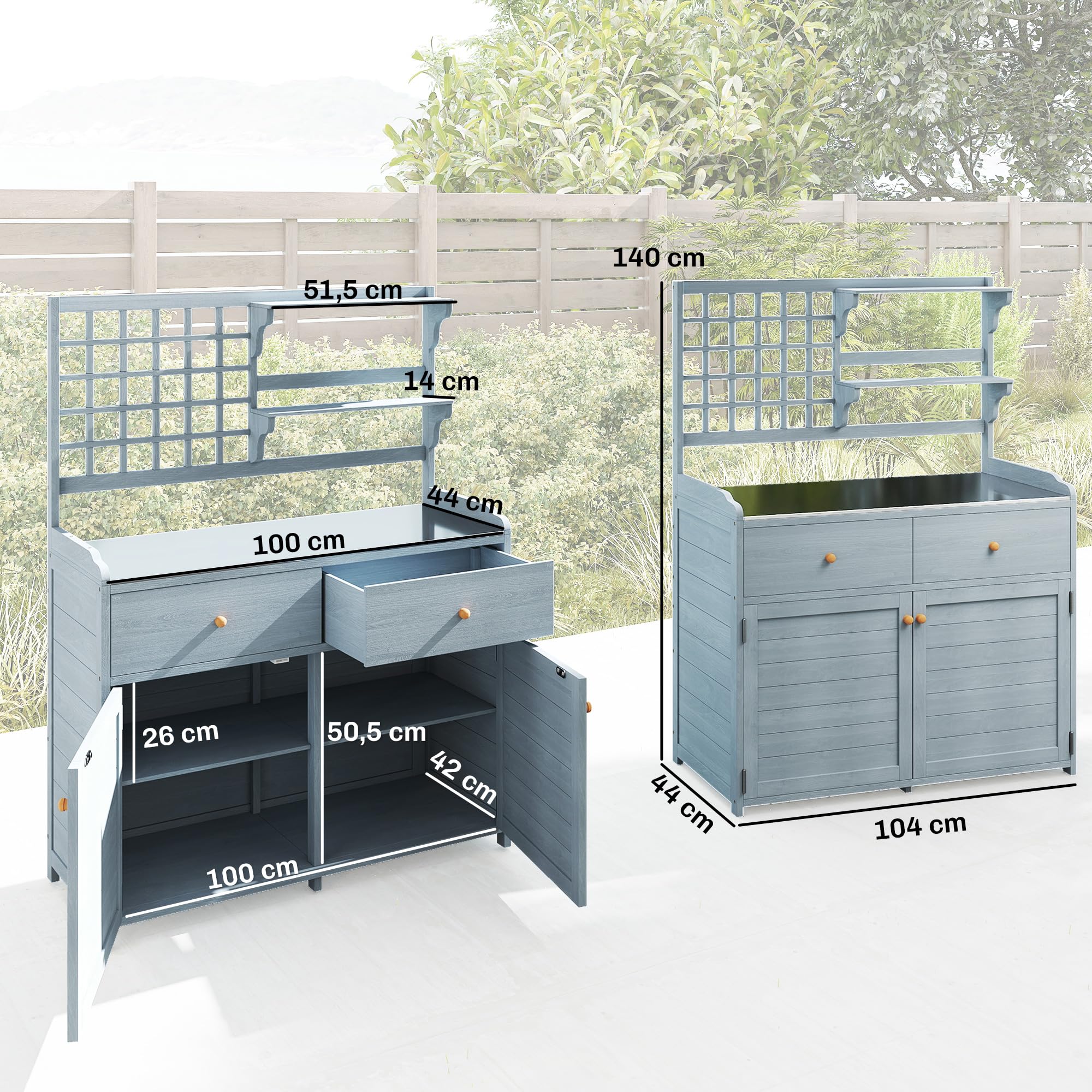 Outsunny Pflanztisch mit Unterschrank aus Holz Outdoor Gartenschrank mit verzinkter Arbeitsplatte 2 Schubladen wetterfest Gärtnertisch Geräteschrank für Garten Balkon Terrasse 104x44x140 cm Hellgrau