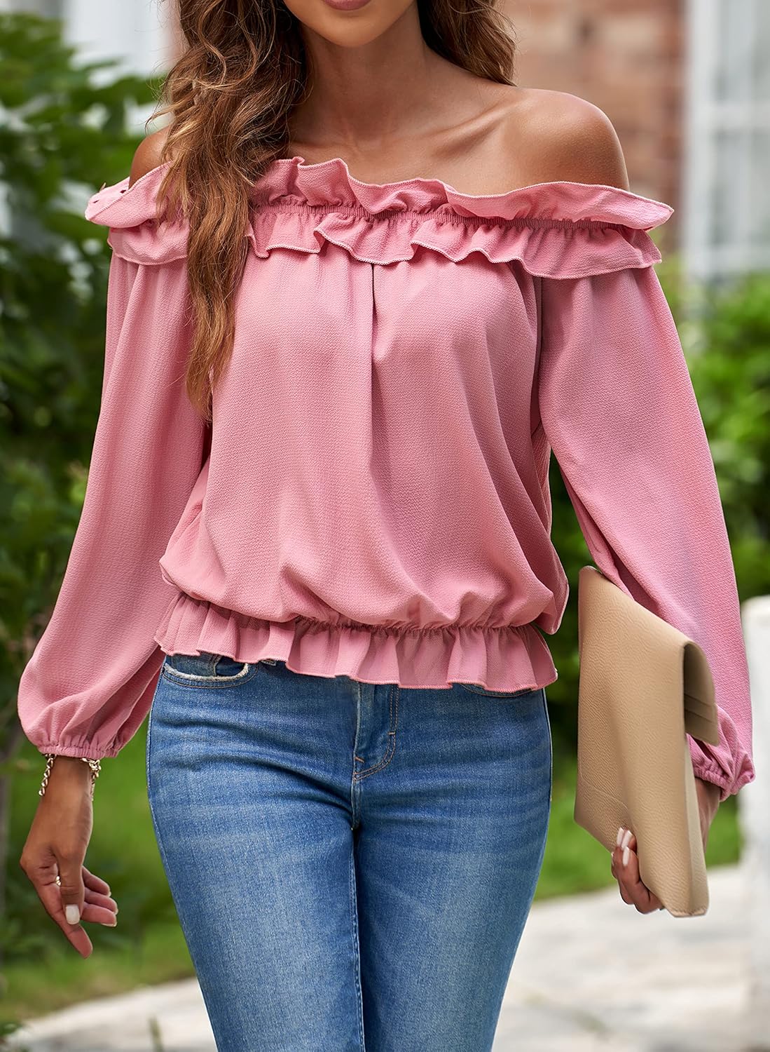 Womens Casual Off Shoulder Tops Long Sleeve Ruffle Flowy Chiffon Blouses Shirts - Image 2