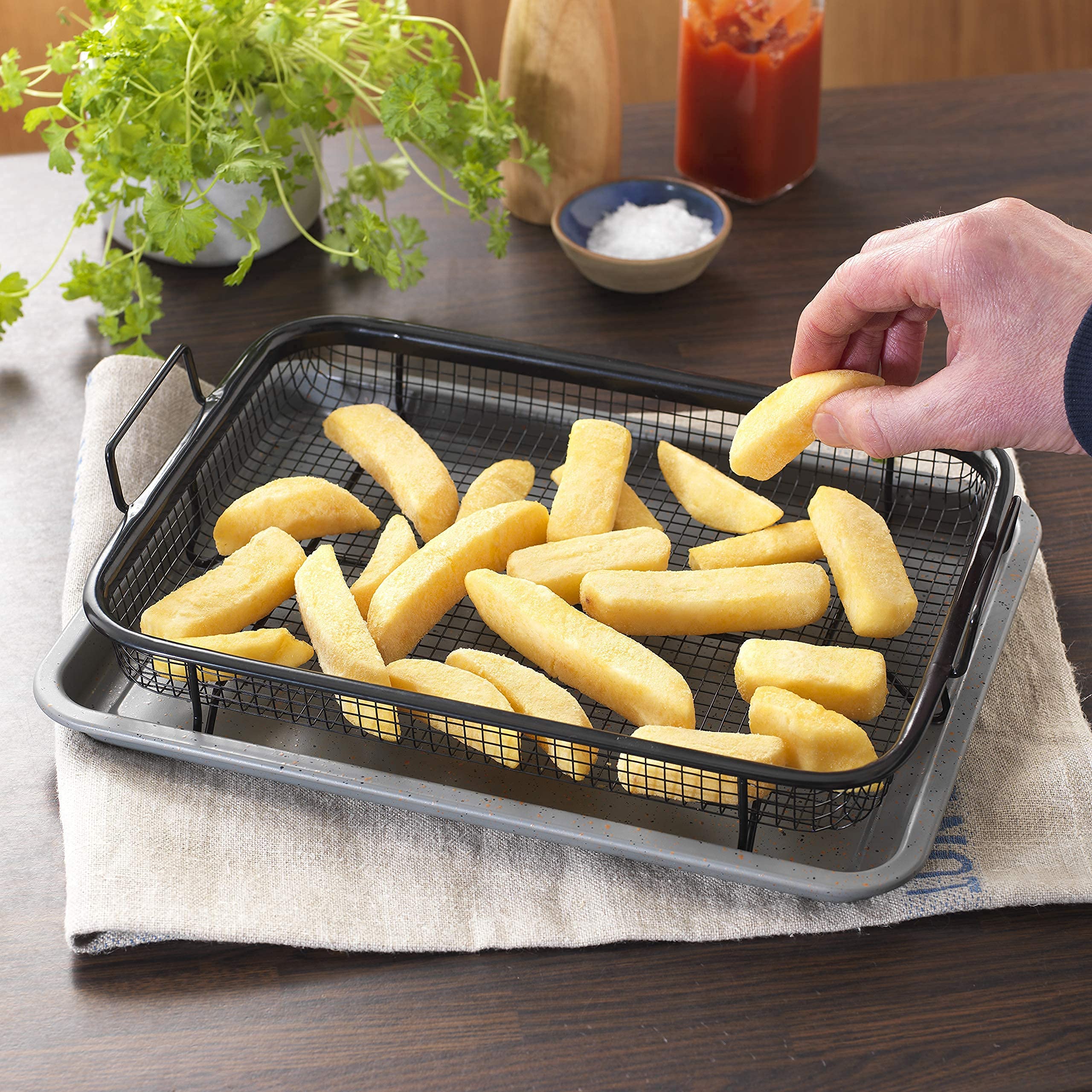 nieprzywierająca taca do grilla, do piekarnika, podwyższona, do chrupiących chipsów bez oleju, taca ceramiczna do pieczenia, do łatwego czyszczenia, chrupiący kosz do piekarnika, zestaw 2 szt.
