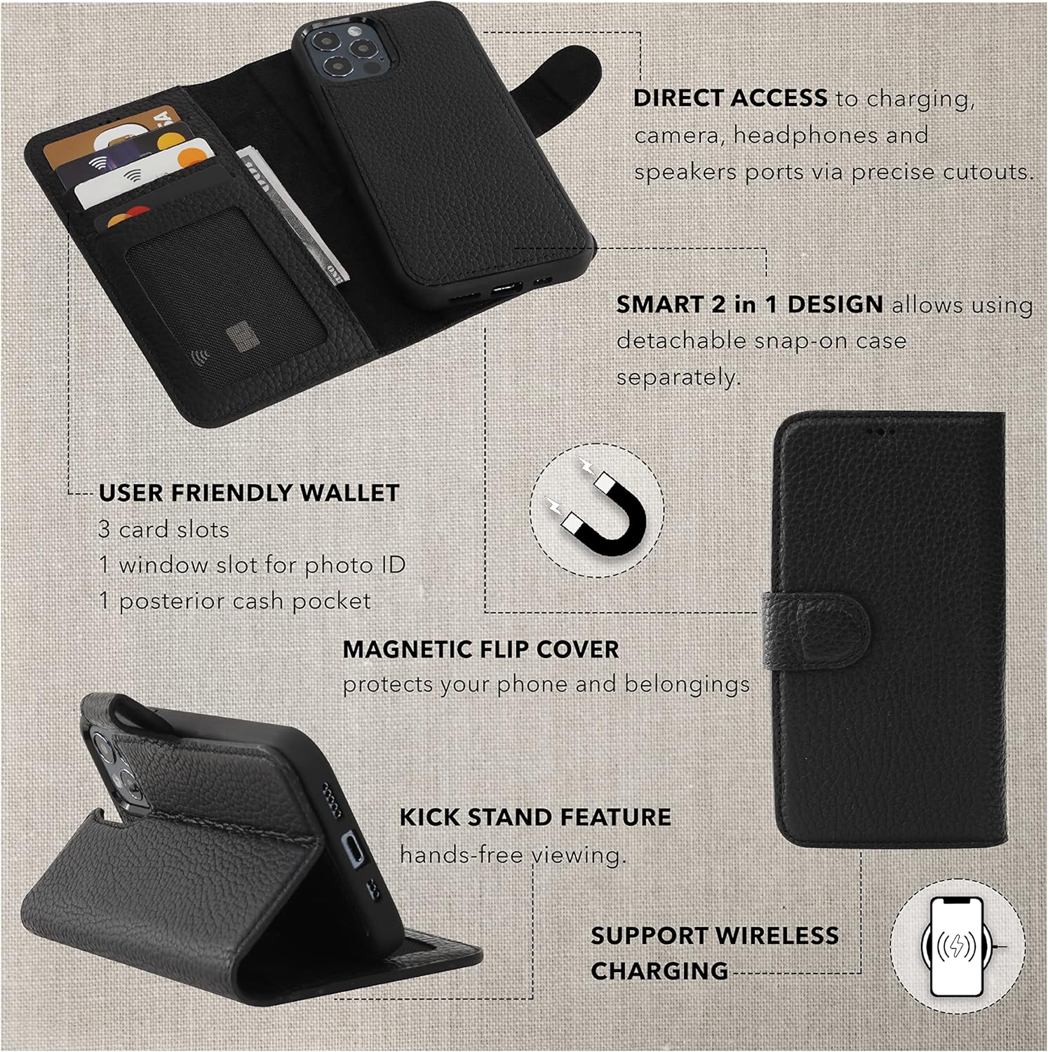 HARDISTON Genuine Leather Handmade Wallet Case Compatible with iPhone 14 - MagSafe Compatible - Detachable Strong Magnetic Flip Cover with Card Holders - Horizontal Kickstand (Black)
