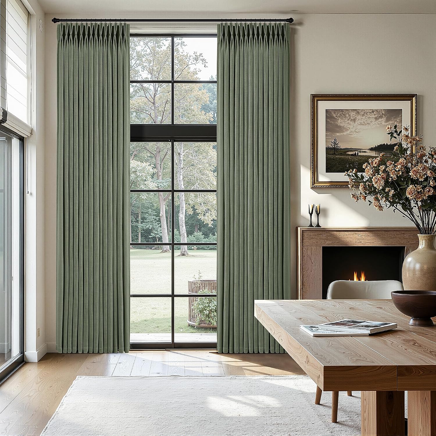 Sage Green Linen Pinch Pleated Curtains 84 Inches Long 2 Panels Semi Sheer