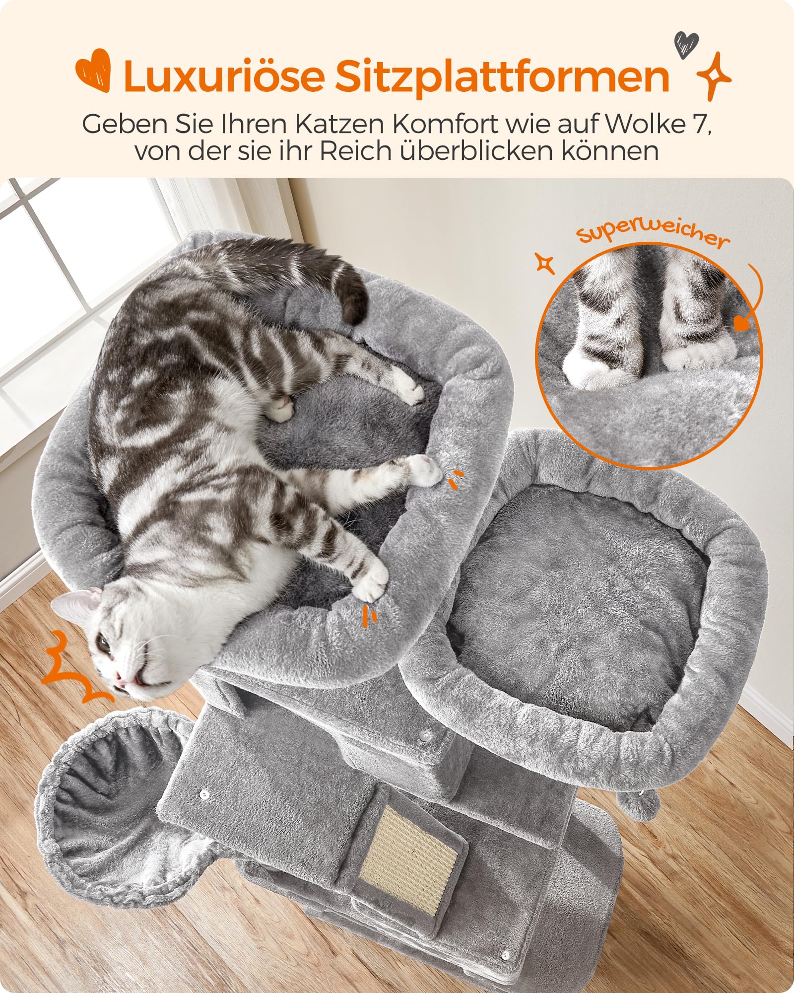 Feandrea Kratzbaum groß, 203,5 cm hoch, XXL Katzenbaum, mit 13 Kratzsäulen, 2 Plattformen, 2 Höhlen, Korb, Hängematte, Plüschbälle, mehrstöckiger Katzenkratzbaum, hellgrau PCT190W01