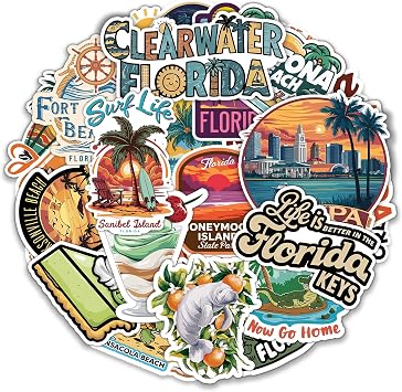 Florida State Travel Stickers 50 Pieces Vinyl Waterproof Decal for Laptop Water Bottle Phone Car Window Bike Motorcycle Stakeboard Scrapbook Floridas Sticker Gifts