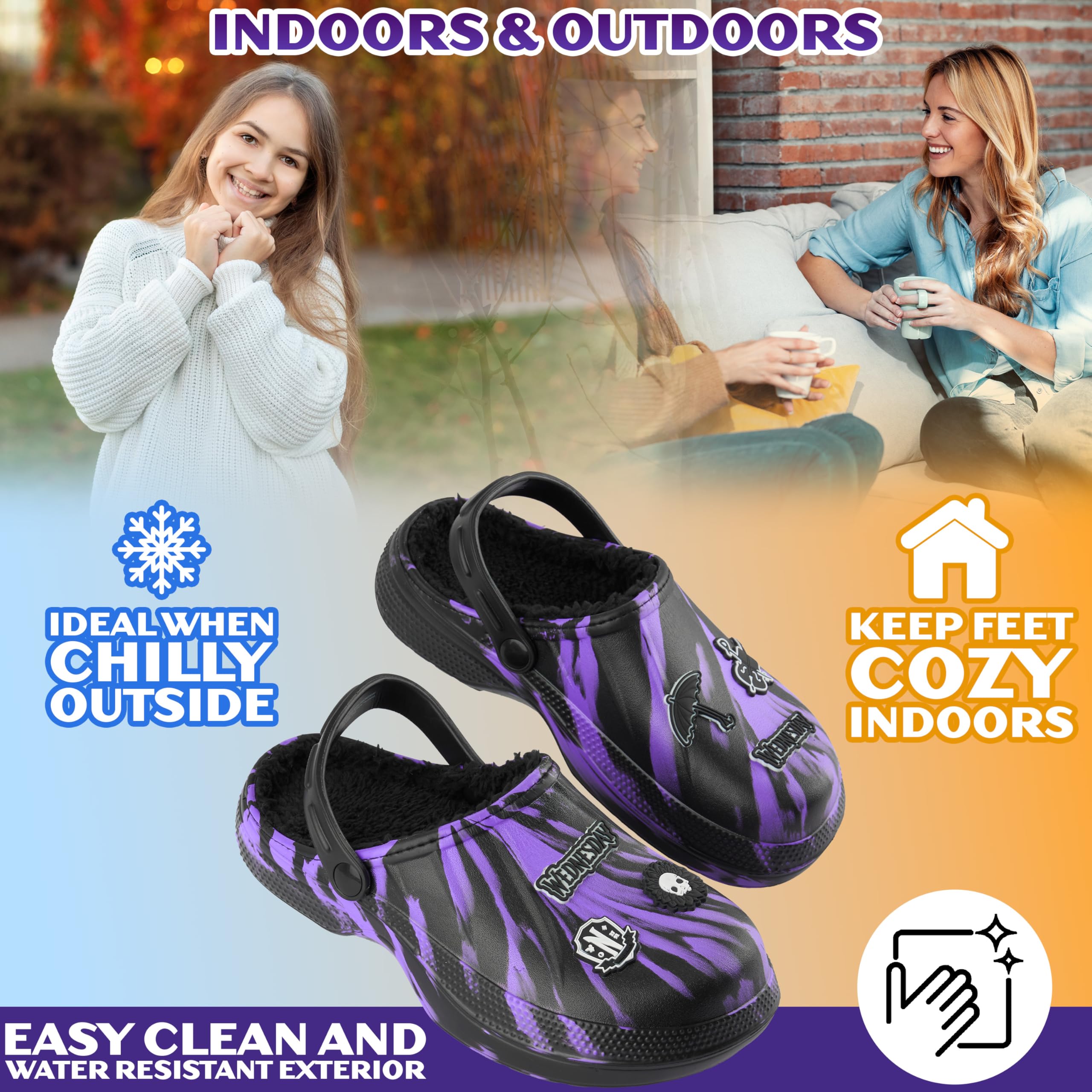 Wednesday Sabots Enfant Fille Ado Doublés Polaire avec Détails Décoratifs, Chaussures Hiver Enfant Gothique Idée Cadeau