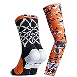 Forever Fanatics Basketball Socks For Men & Boys Crew Socks With Basketball Arm Sleeve - Made in USA (Net Black/Orange, 11-18 Years)