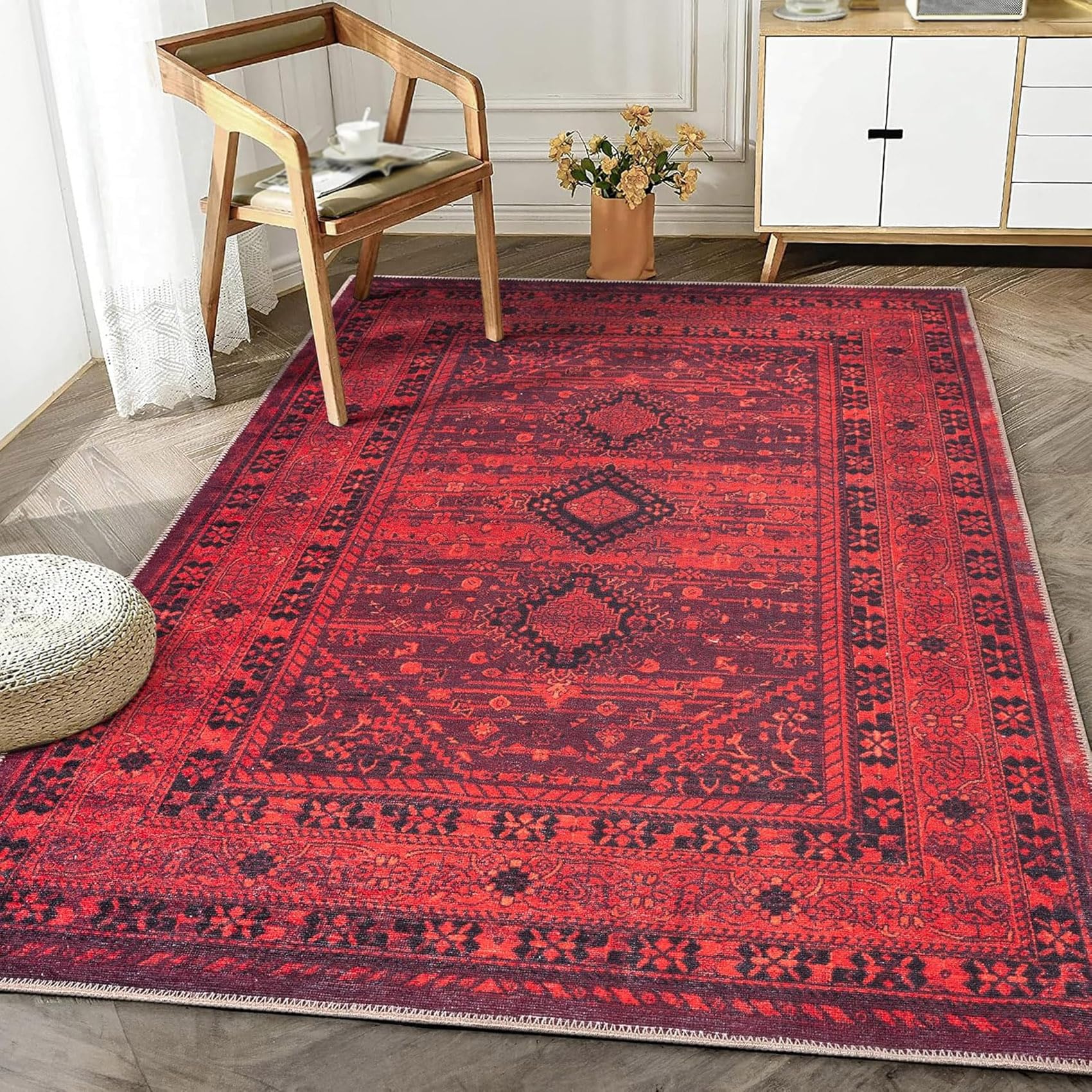 Tapis de décoration pour chambre ado fille et salon rétro rouge 90x90