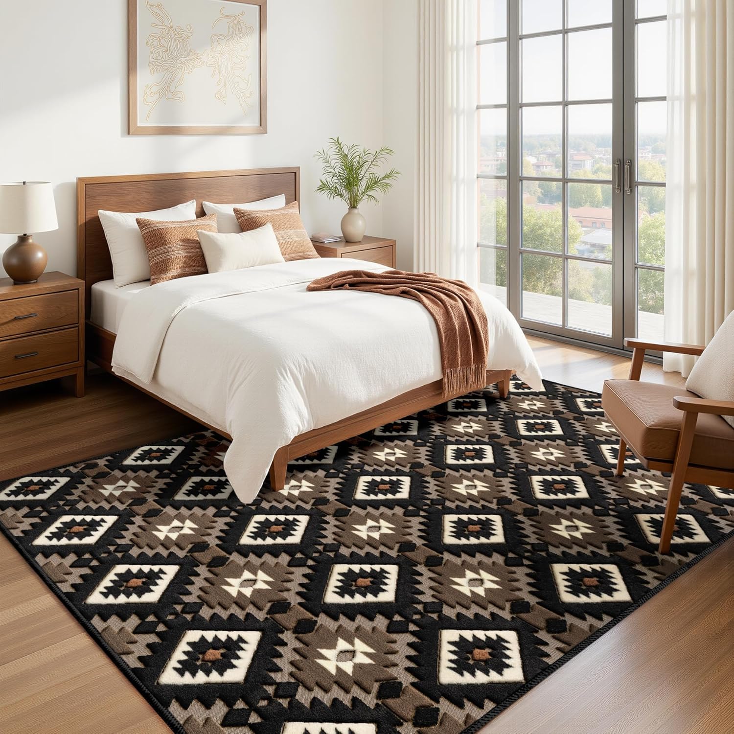 Aztec Area Rug 5x7, High-Low Pile Western Washable Rugs for Living Room Bedroom, Boho Moroccan Geometric Non Slip Velvet Nursery Carpet Soft Indoor Rugs for Dining Room, Brown