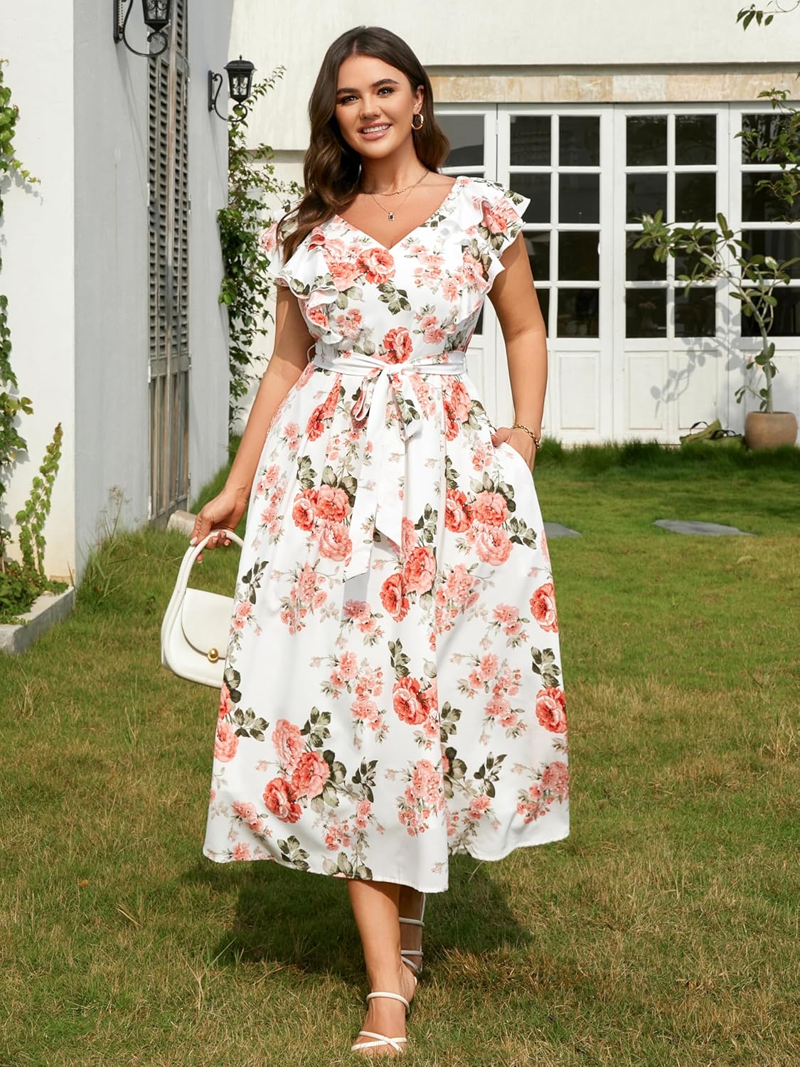 Plus Size Dresses for Women Summer Floral Wedding Guest Maxi Dress Formal V Neck Beach Party Long Dresses with Pocket