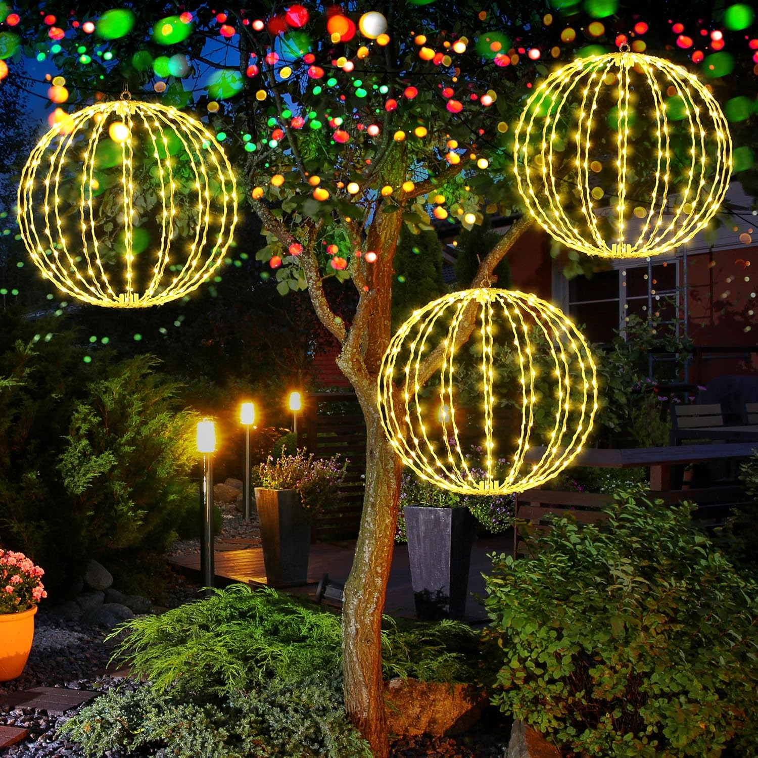 Gulfmew 屋外ボールライト球 3個パック 16インチ 8モード 大型ハンギングツリーグローブライト 折りたたみ式鉄フレーム ボ -  FIRAWASPORT.COM クリスマスボールライト、屋外ボールライトハンギングツリーガーデンライト、折りたたみ式LEDボールライト、結婚式、パティオ、木、庭用の