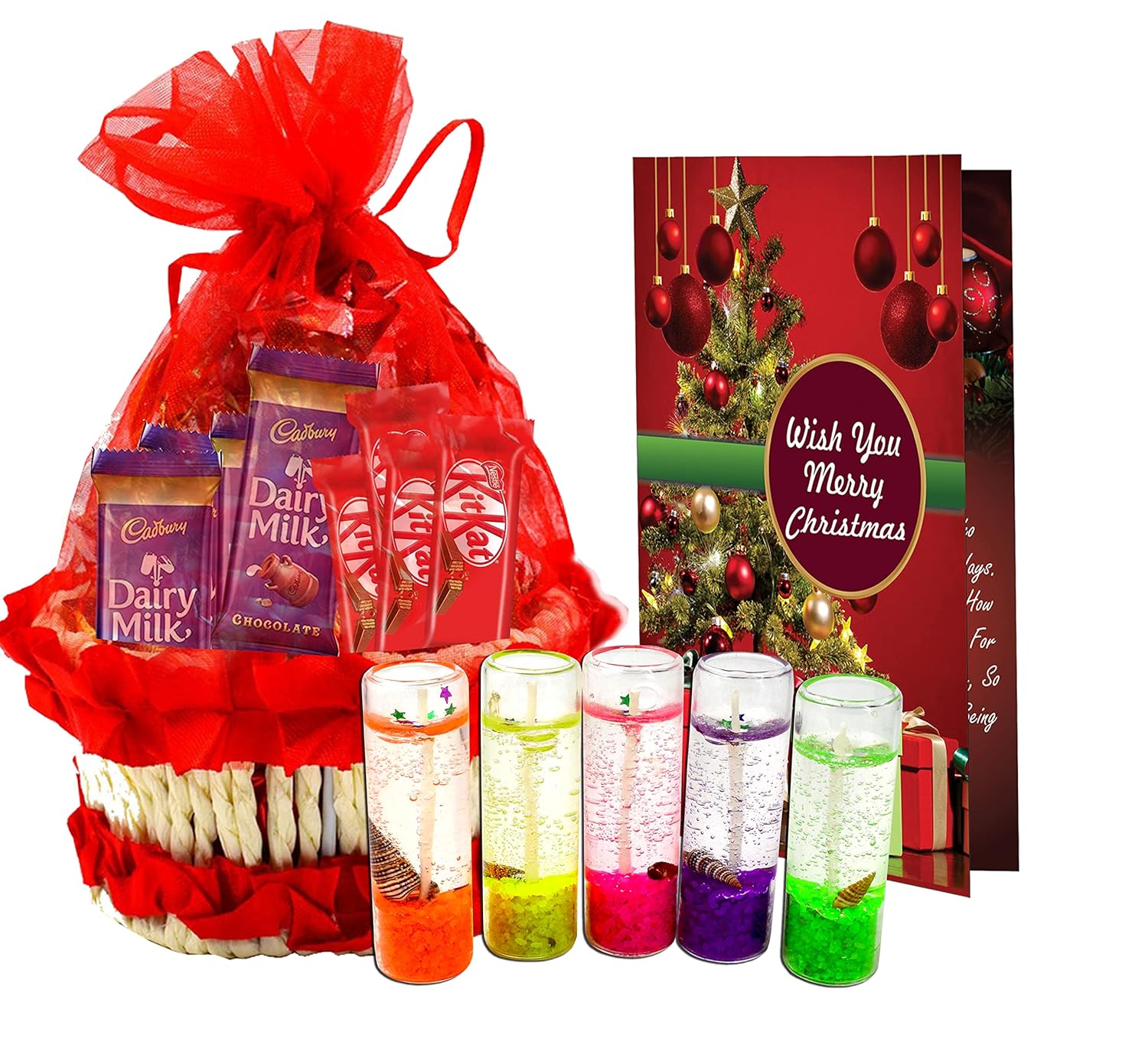 Midiron Merry Christmas Gift Combo|Festival Gifts Box Hamper|Chirstmas Gift Combo|New Year Gift Pack| Chirstmas Chocolate Basket with Chocolate Bars, Glass Gel Scented Candle & Greeting Card