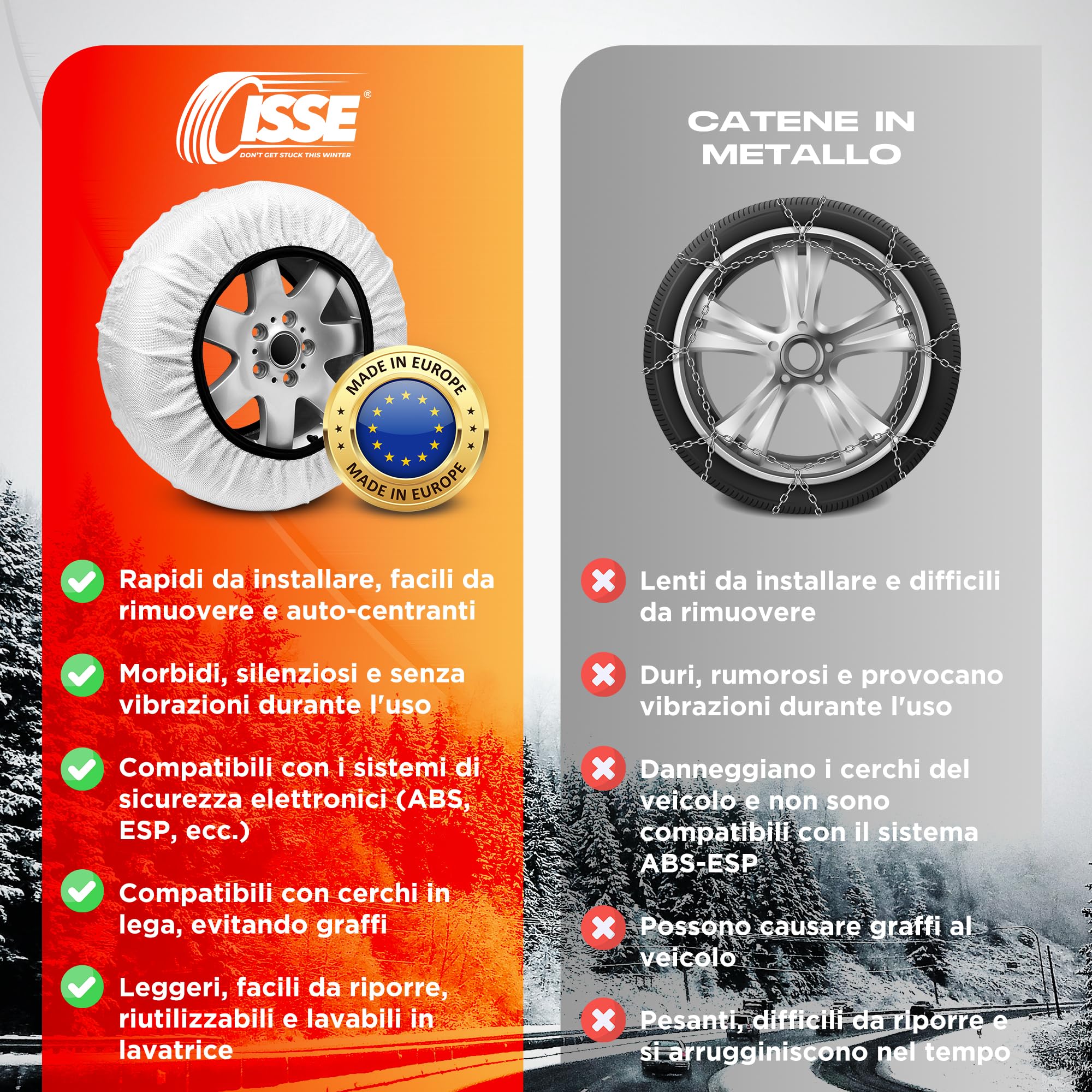 ISSE Super T-74 | Calze da Neve Omologate Italia EN 16662-1 - Catene per auto ad uso quotidiano su neve e ghiaccio - Kit di 2 catene da neve universali + guanti