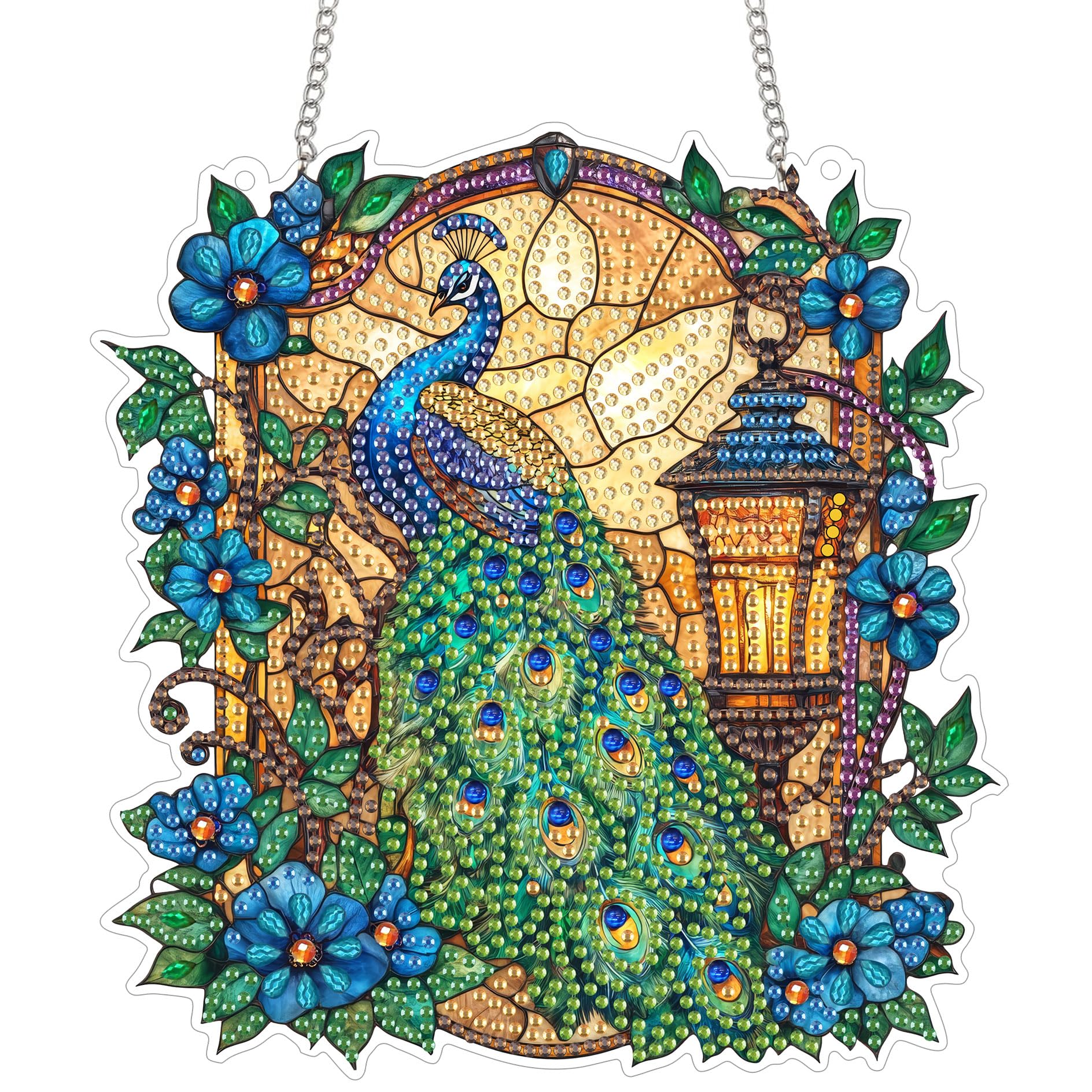 Reofrey Diamond Painting Doppelseitig Anhänger Acrylbrett mit Kette - 20x20cm Pfau Tier Diamant Painting Fensterbilder Deko Set DIY Kristall Malerei Anhänger für Wand Fenster & Garten Schmücken