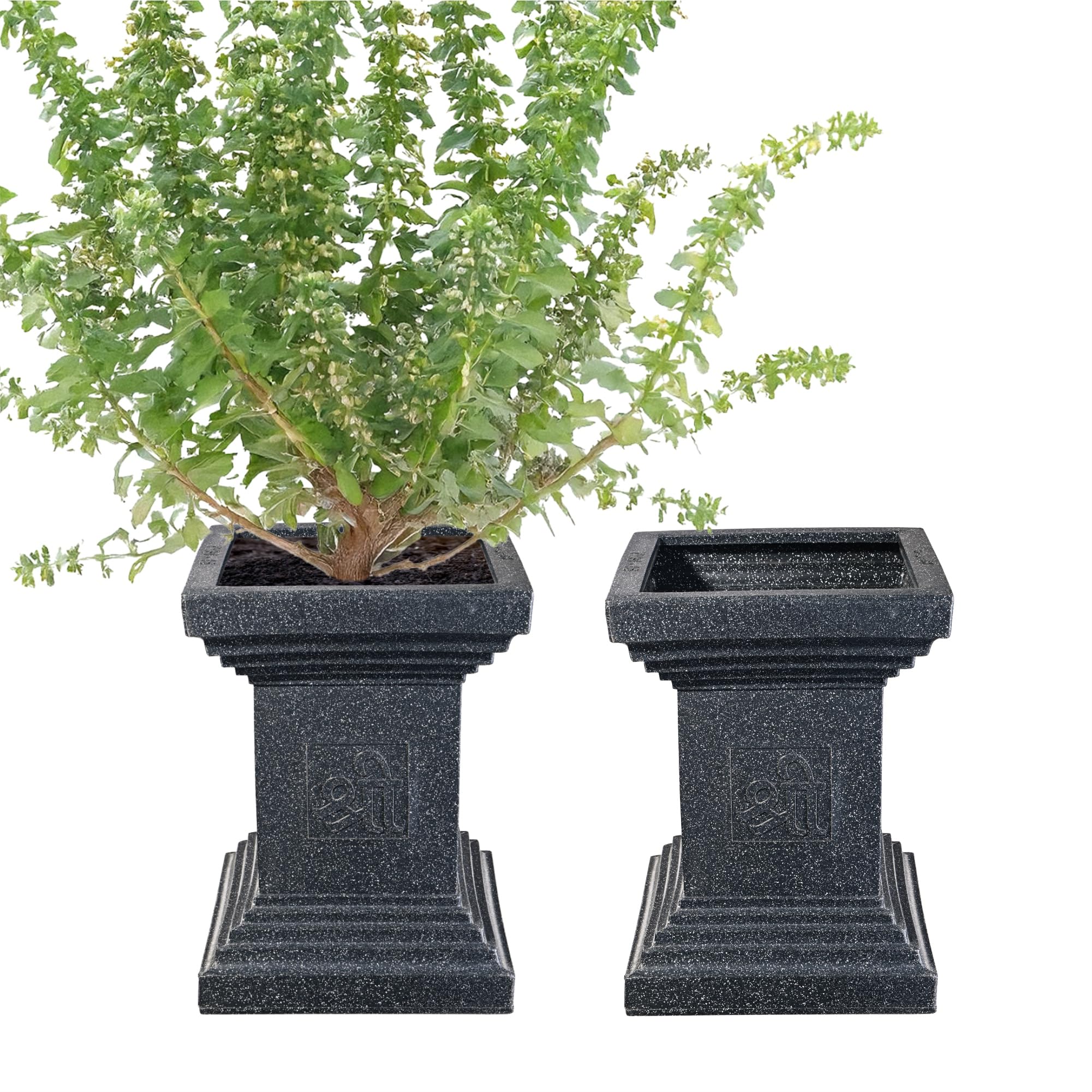 Kuber Industries 2 Pcs Roto Mould German Polymer 22-Inch Extra Large Big Size Tulsi Flower Pot | Indoor/Outdoor Tree Gamla Planter for Resorts, Hotels, Terrace & Garden | Marble Tulsi - Black