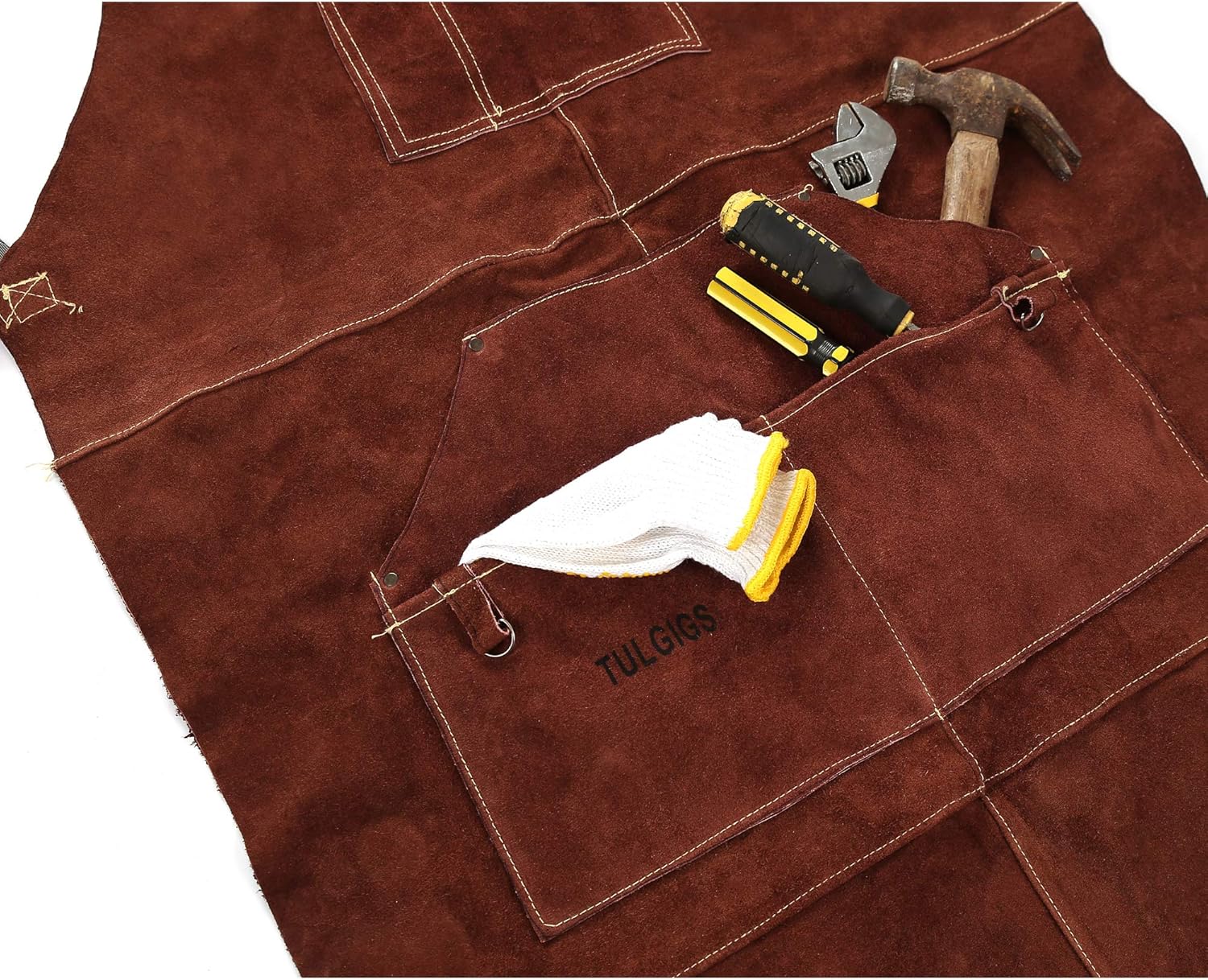 Leather Welding Work Shop Aprons – Heavy Duty Cowhide Adjustable Strap Heat Flame Resistant Safety Apparel 42 x 24 for Blacksmith woodworking Mechanics Carpenter with Tool Pockets (Gloves Included) - - 