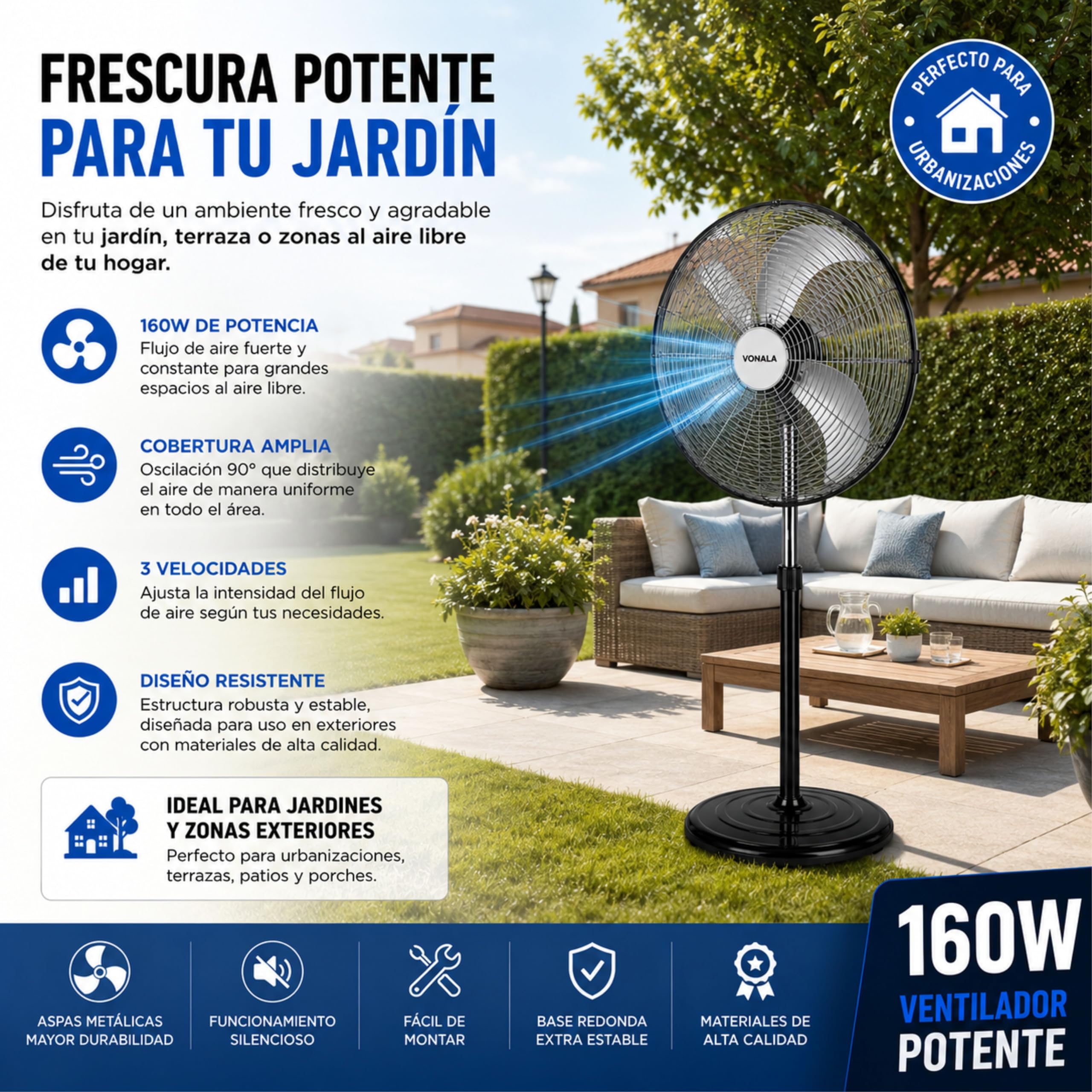 Ventilador Industrial Potente y Ultra Frío 160W 20", Ventilador Pie 142cm Oscilante 3 Velocidades, Ventiladores de Pie, Ventilador Exterior Terraza o Interior, Ideal Gimnasios, Restaurantes, Comercios