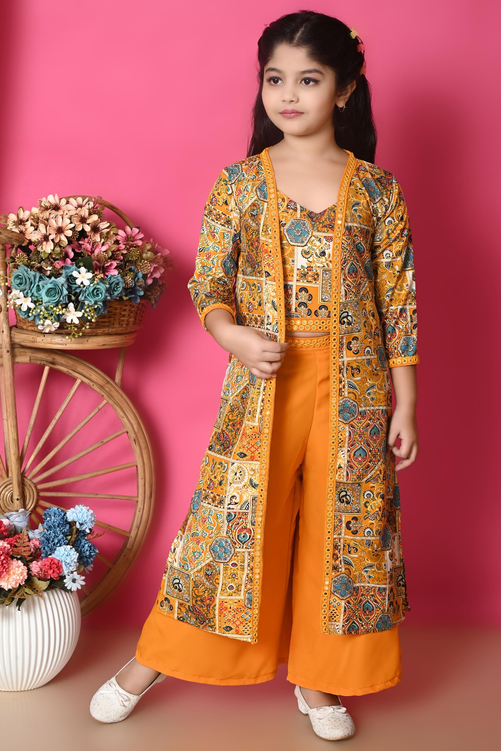 SPAMitude - Girls Self Designed Premium Cotton Blend Top Pant Jacket | 3pcs Party Dress for Girls I V Neck Stylish Sleeve Design Dress for Birthday Girl (Yellow, 5-6 Years) - Image 3 thumbnail