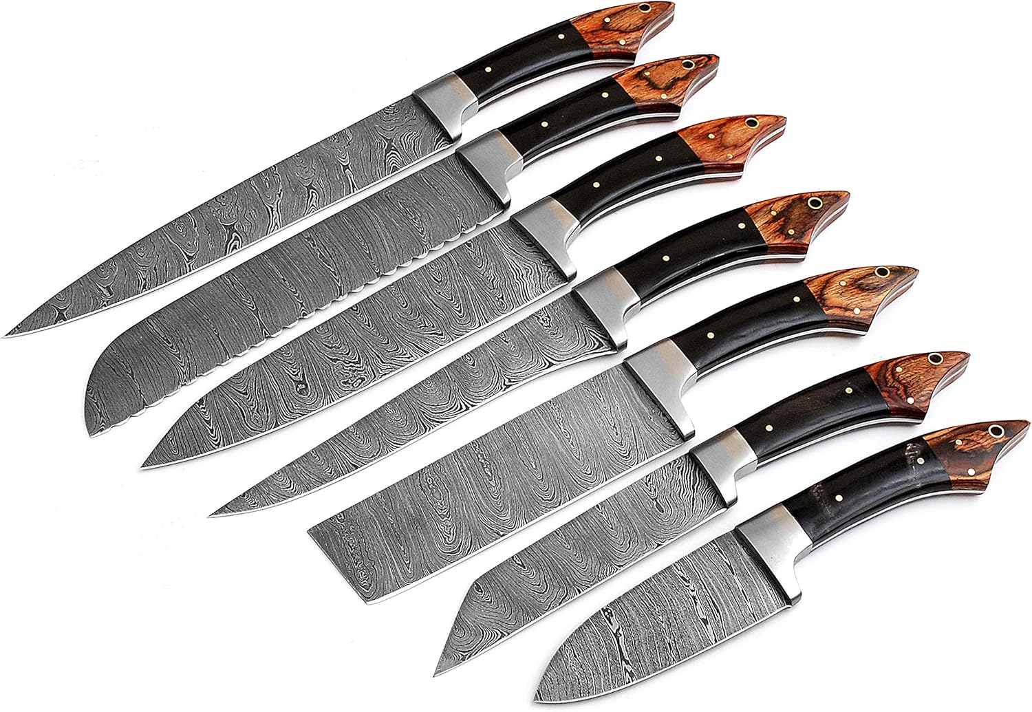 Professional Kitchen Knives Custom Made Hand Crafted Damascus Steel 7 pcs of Professional Utility Steak Chef Kitchen Knife Set Black & Brown C - 1103 - H - Br.