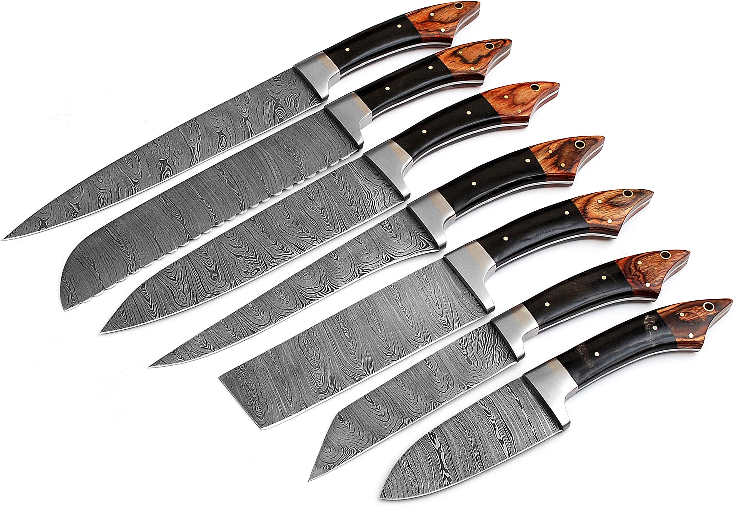 Professional Kitchen Knives Custom Made Hand Crafted Damascus Steel 7 pcs of Professional Utility Steak Chef Kitchen Knife Set Black & Brown C - 1103 - H - Br.