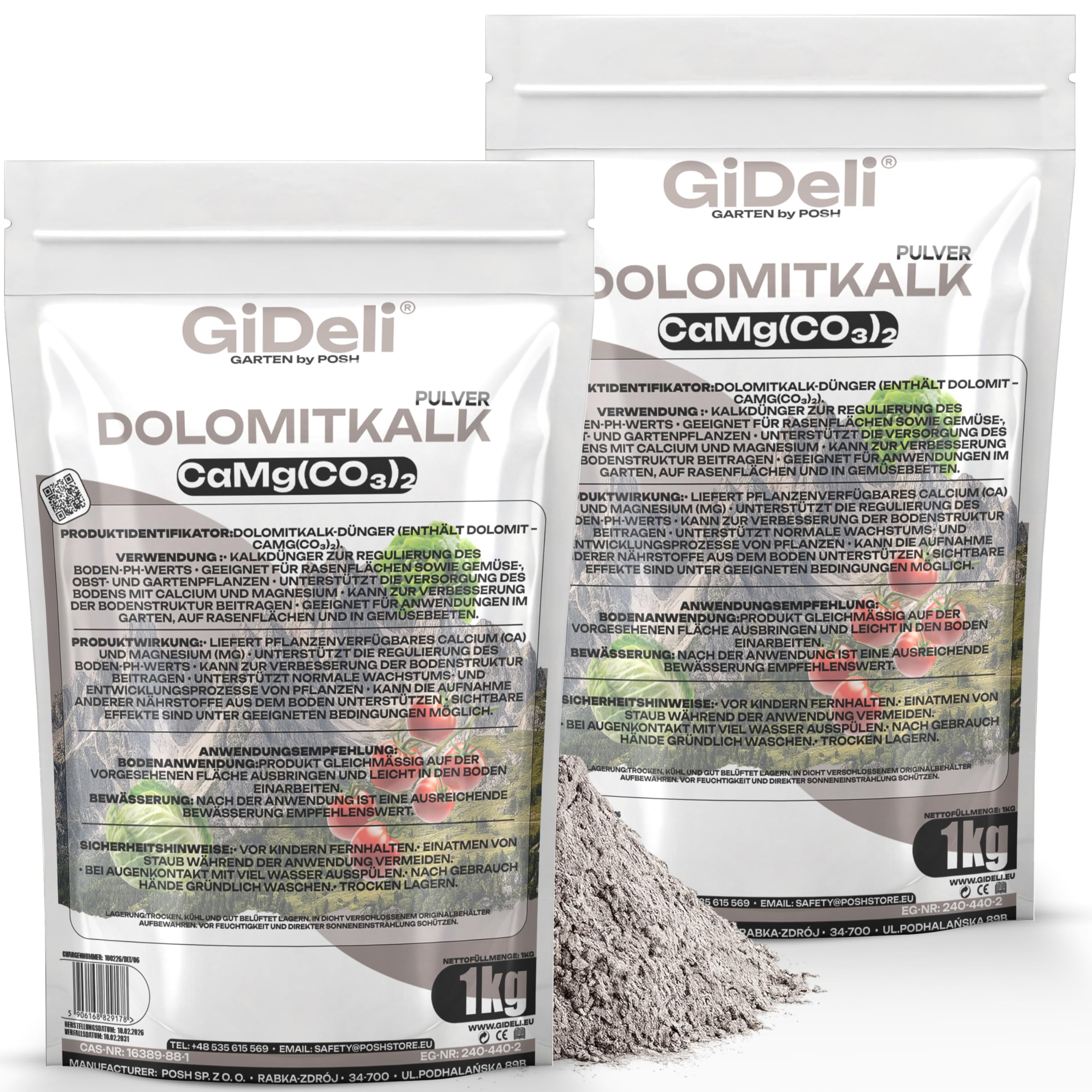 GiDeli Cal Dolomítica 2x1kg - Corrector del pH del Suelo y Acción Antimusgo - Cal para Césped y Huerto - Enmienda Natural en Polvo con Calcio y Magnesio